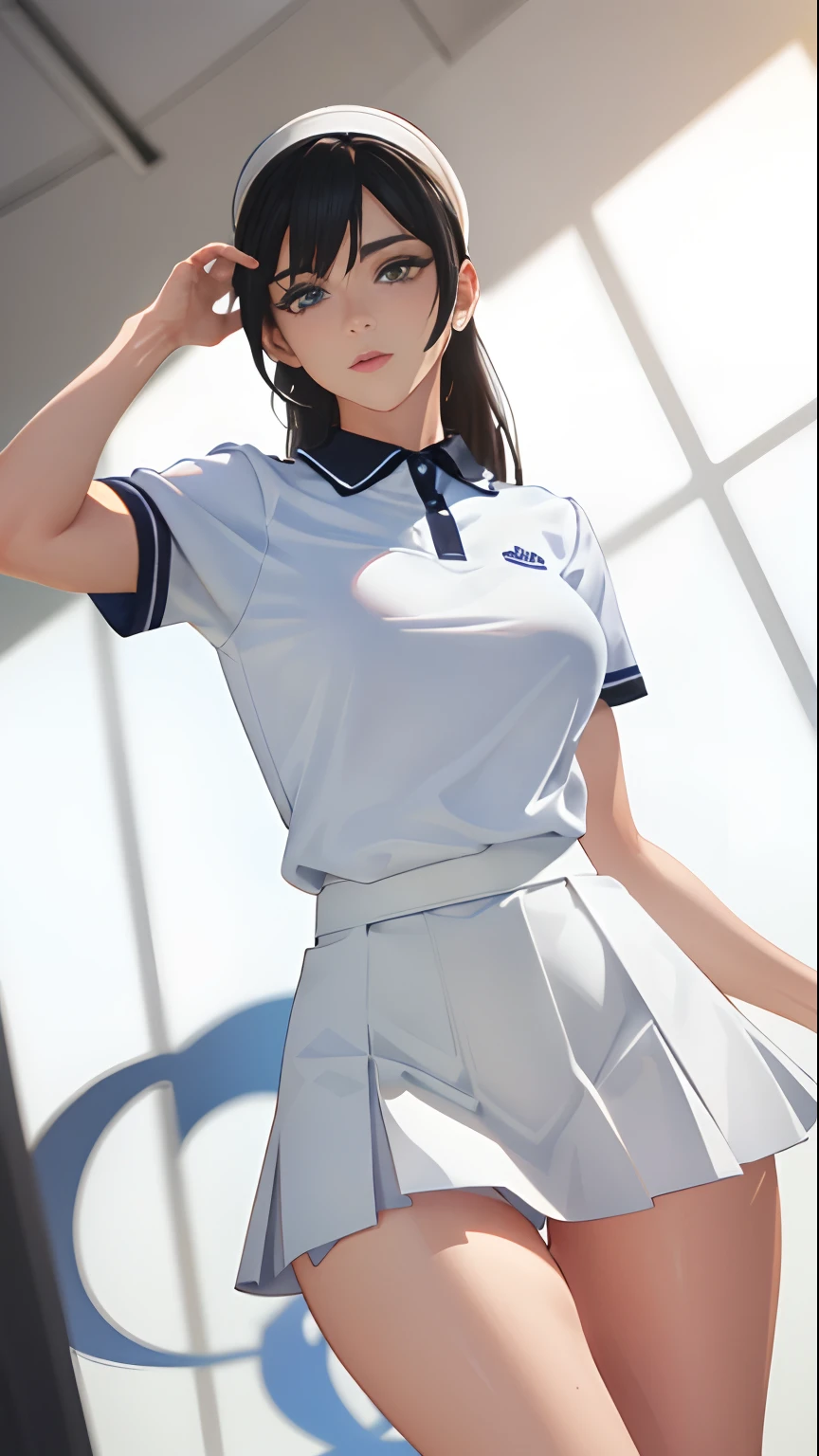 1girl in, Solo, White polo shirt, White sneakers, Tennis Wear, White mini skirt, masutepiece, Best Quality, Realistic, Ultra-detailed, (Shiny skin, Sweating: 1.4), Ridiculous, gaze at the audience, Short black hair, Brown eyes, slender, dynamic light and shadow, High resolution, Sharp Focus, depth of fields, Fine eyes, Sharp pupils, Realistic pupils, (Big breasts: 1.6), (Thigh thickness: 1.0), plein air, skyporn