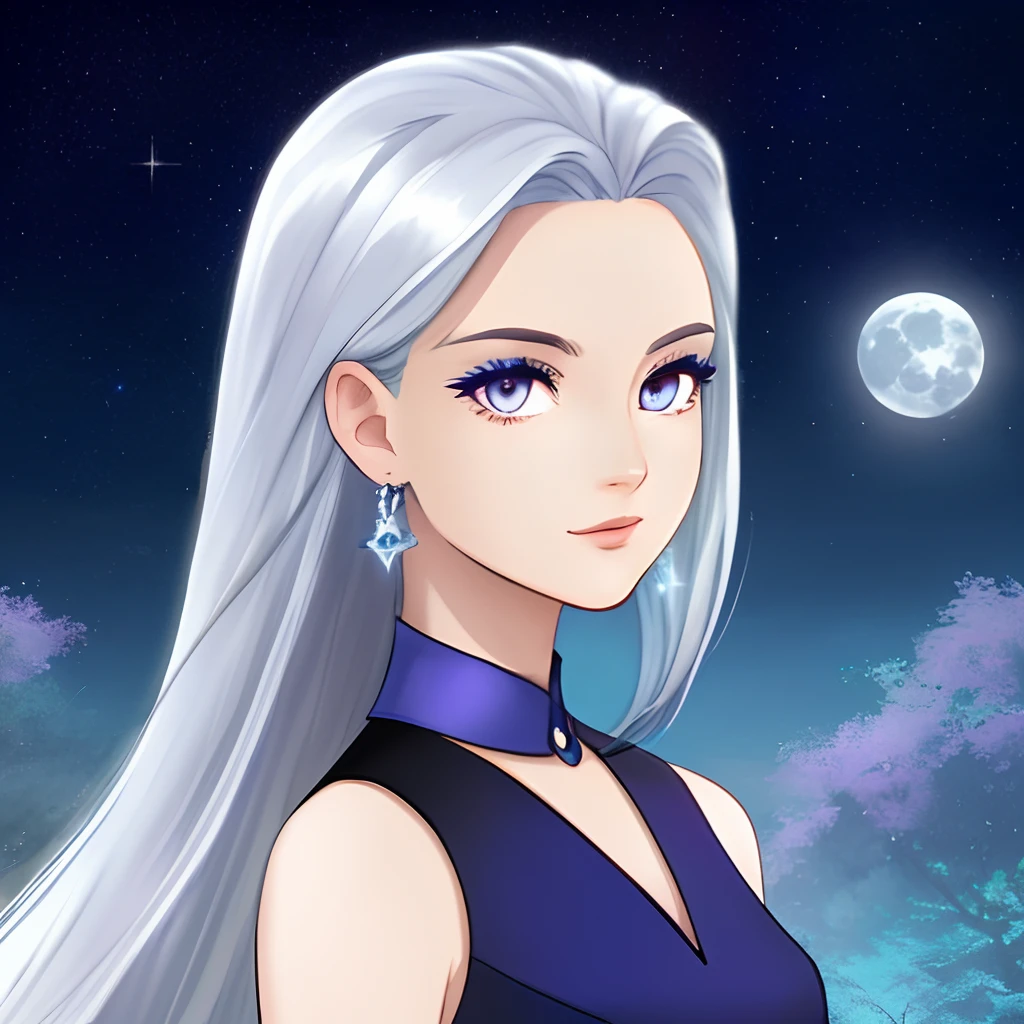 Luna has long,. midnight-blue hair with faint silver streaks, reminiscent of the starry. night sky. Her eyes contain the depth and mystery of the moon, shining. with shades of silver and indigo. She often dons elegant, celestial-themed attire that incorporates somber hues,. mirroring her dual nature. Winx club artstyle