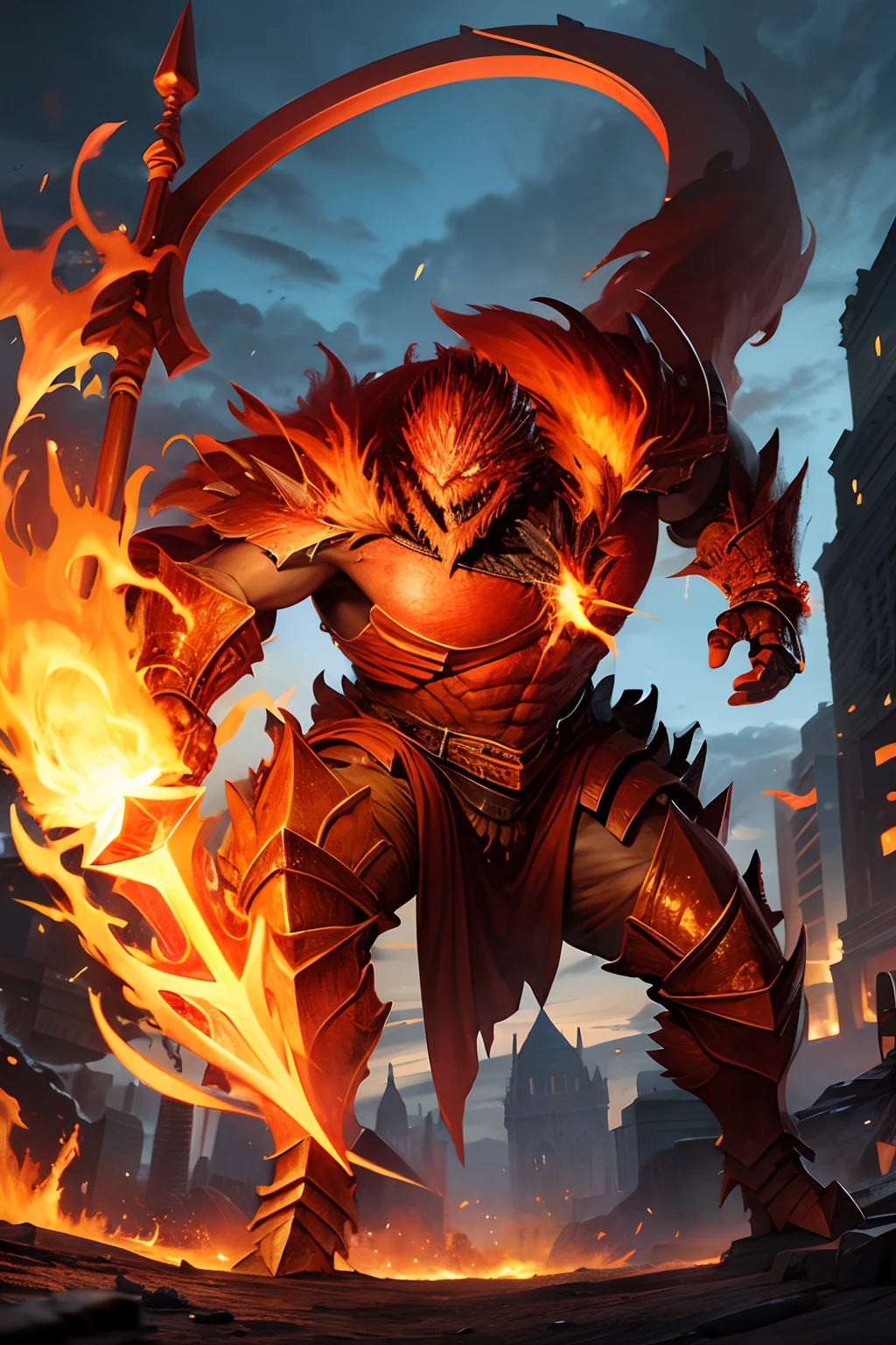 (8k, RAW photo, best quality, masterpiece:1.2), (realistic, photo-realistic:1.37), octane render, ultra high res, ultra-detailed ,professional lighting, photon mapping, radiosity, physically-based rendering, ue5, ((earth giant monster)), ((red glowing ember on giant's body)), ((red eyes)), ((holding flaming sword)), ((burning castle)), ((flaming wings)) --auto