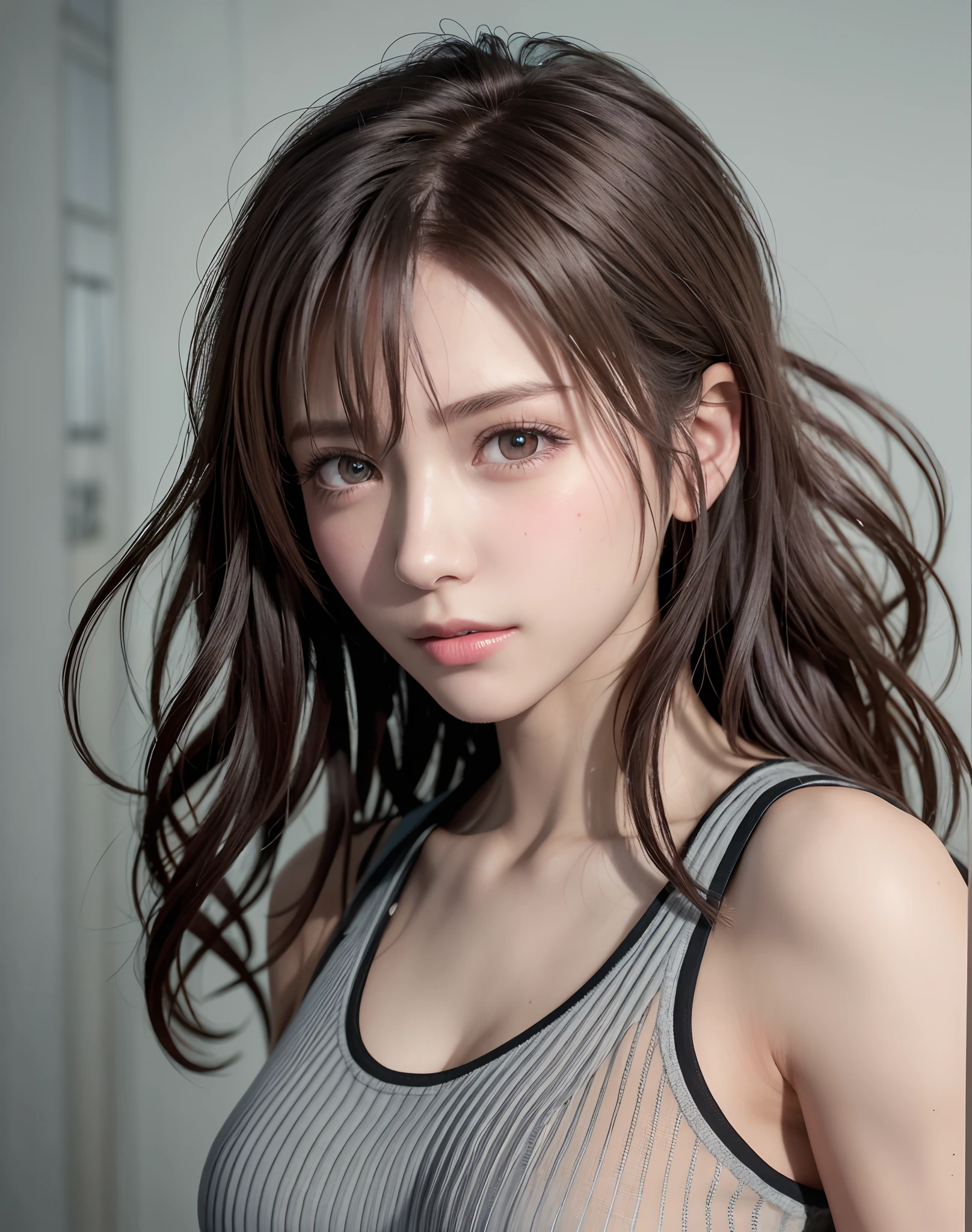 high quality picture, masutepiece, detailed hair texture, Detailed skin texture, Detailed Cloth Texture, 8K, Add fabric details, ultra detailed skin texture, ultra detailed photographic, Skin pores, Portrait of a girl, wearing tank top,