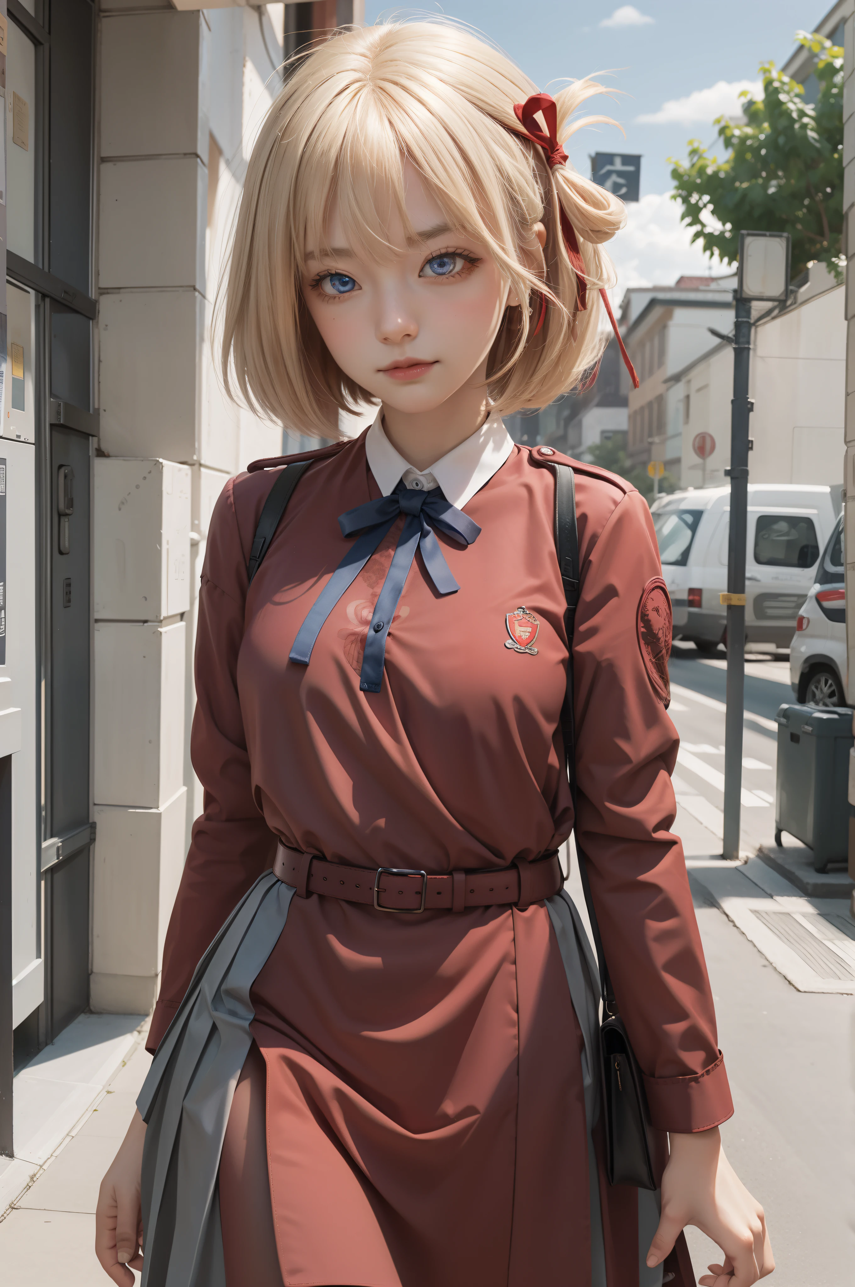 chisatonishikigi, nishikigi chisato, short hair, bangs, blonde hair, (red eyes:1.5), hair ribbon, one side up, bob cut,
BREAK shirt, long sleeves, dress, ribbon, white shirt, collared shirt, belt, neck ribbon, red dress, blue ribbon, pleated dress, grey dress, two-tone dress, red belt, lycoris uniform,,
BREAK outdoors, city,
BREAK looking at viewer, BREAK (masterpiece:1.2), best quality, high resolution, unity 8k wallpaper, (illustration:0.8), (beautiful detailed eyes:1.6), extremely detailed face, perfect lighting, extremely detailed CG, (perfect hands, perfect anatomy),