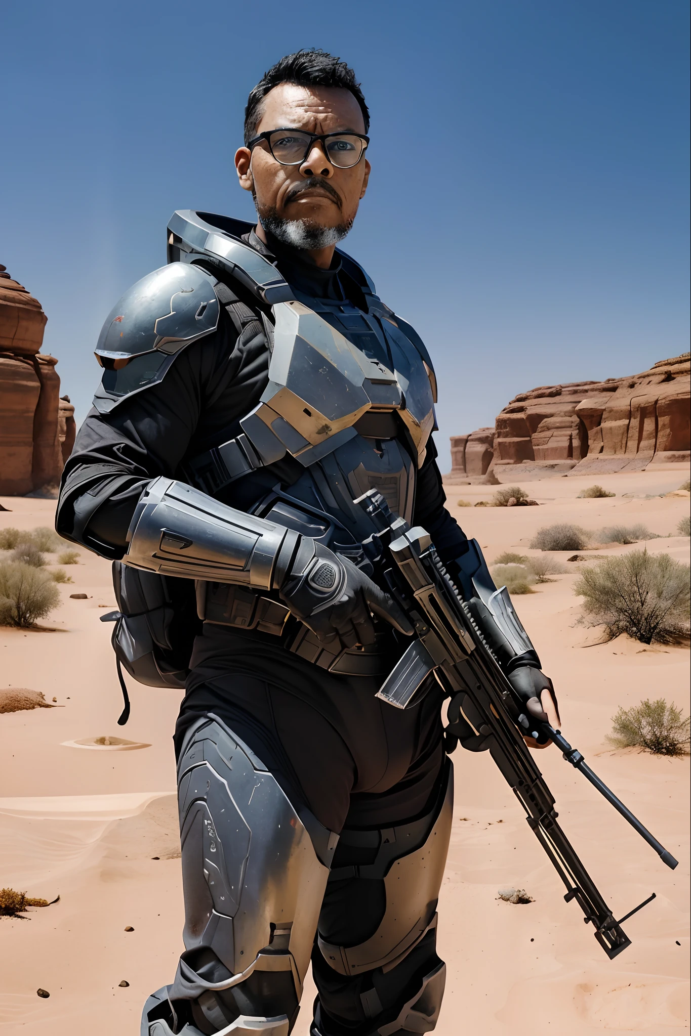 guttoepic2, Create a magazine cover illustration of a bespectacled man wearing the armor of the 'Halo' video game character, without the helmet. He poses for the photograph while holding his laser weapon. The scene is set in the Martian desert, bathed in a reddish hue, with a significant depth of field. Generate a prompt for an ultra-realistic image with extreme character details.