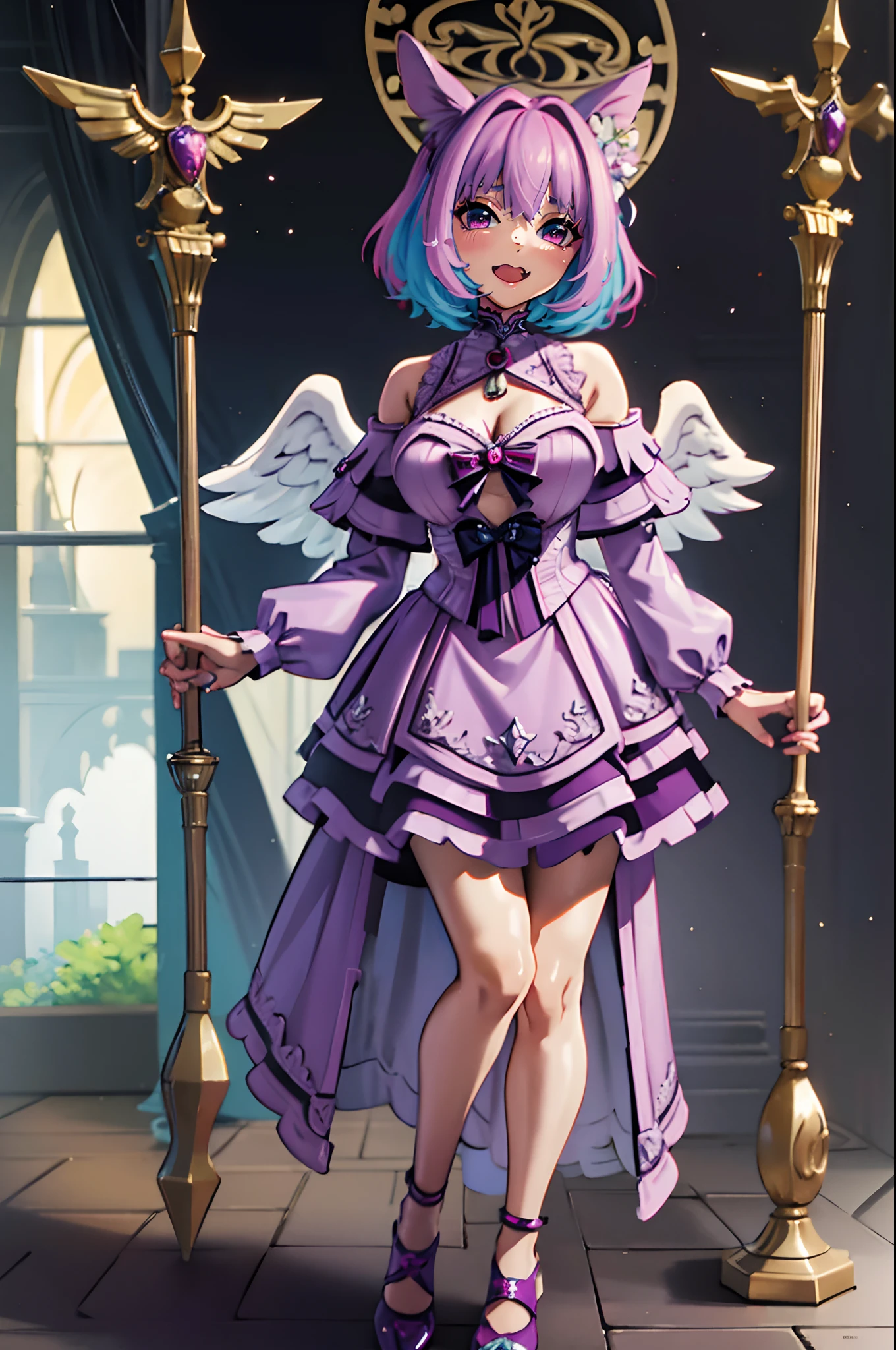 (best quality,masterpiece:1.2),intricate details,beautiful detailed eyes,beautiful detailed lips,extremely detailed eyes and face,longeyelashes,riamu, modeseven,super curvy,comic style,vibrant colors,standing,innocent, full body, standing, smile, princess dress, noble clothing, holy angel magicalgirl, open mouth fang, holy haura, halo, smile, joyfull, paladin, staff holding