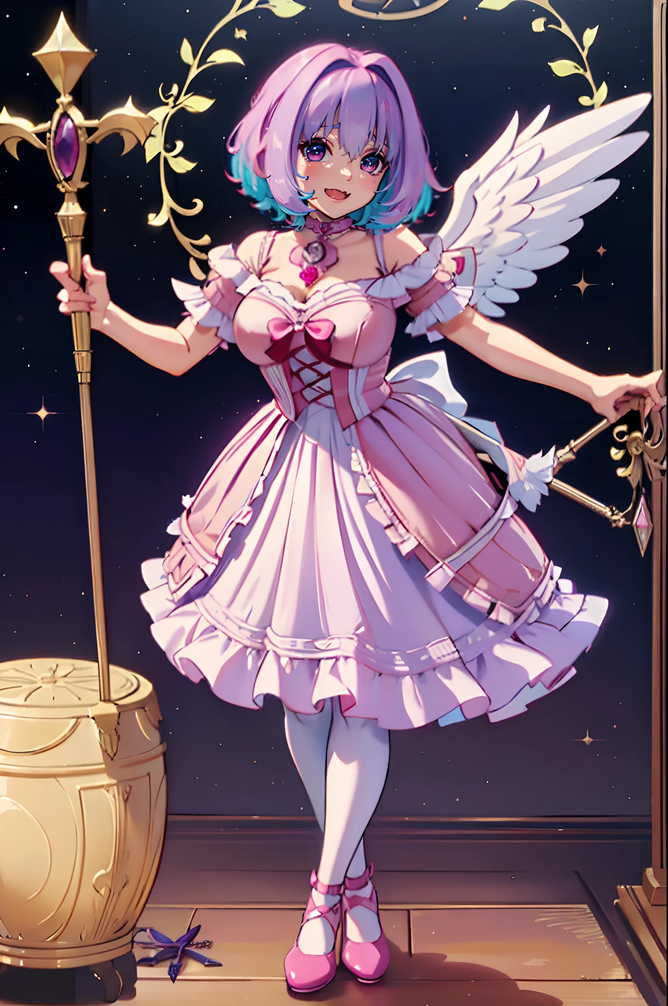 (best quality,masterpiece:1.2),intricate details,beautiful detailed eyes,beautiful detailed lips,extremely detailed eyes and face,longeyelashes,riamu, modeseven,super curvy,comic style,vibrant colors,standing,innocent, full body, standing, smile, princess dress, noble clothing, holy angel magicalgirl, open mouth fang, holy haura, halo, smile, joyfull, paladin, staff holding