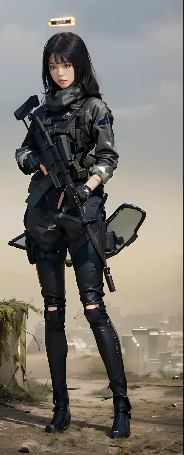 Highest image quality, outstanding details, ultra-high resolution, (realism: 1.4), the best illustration, favor details, highly condensed 1girl, with a delicate and beautiful face, ((cowboy shot)), (wearing black nylon racing suit likes police uniform, black and gray mecha, wearing a night-vision goggle, military harness, holding a machinegun or bring a machinegun, "SST"), simple background gey