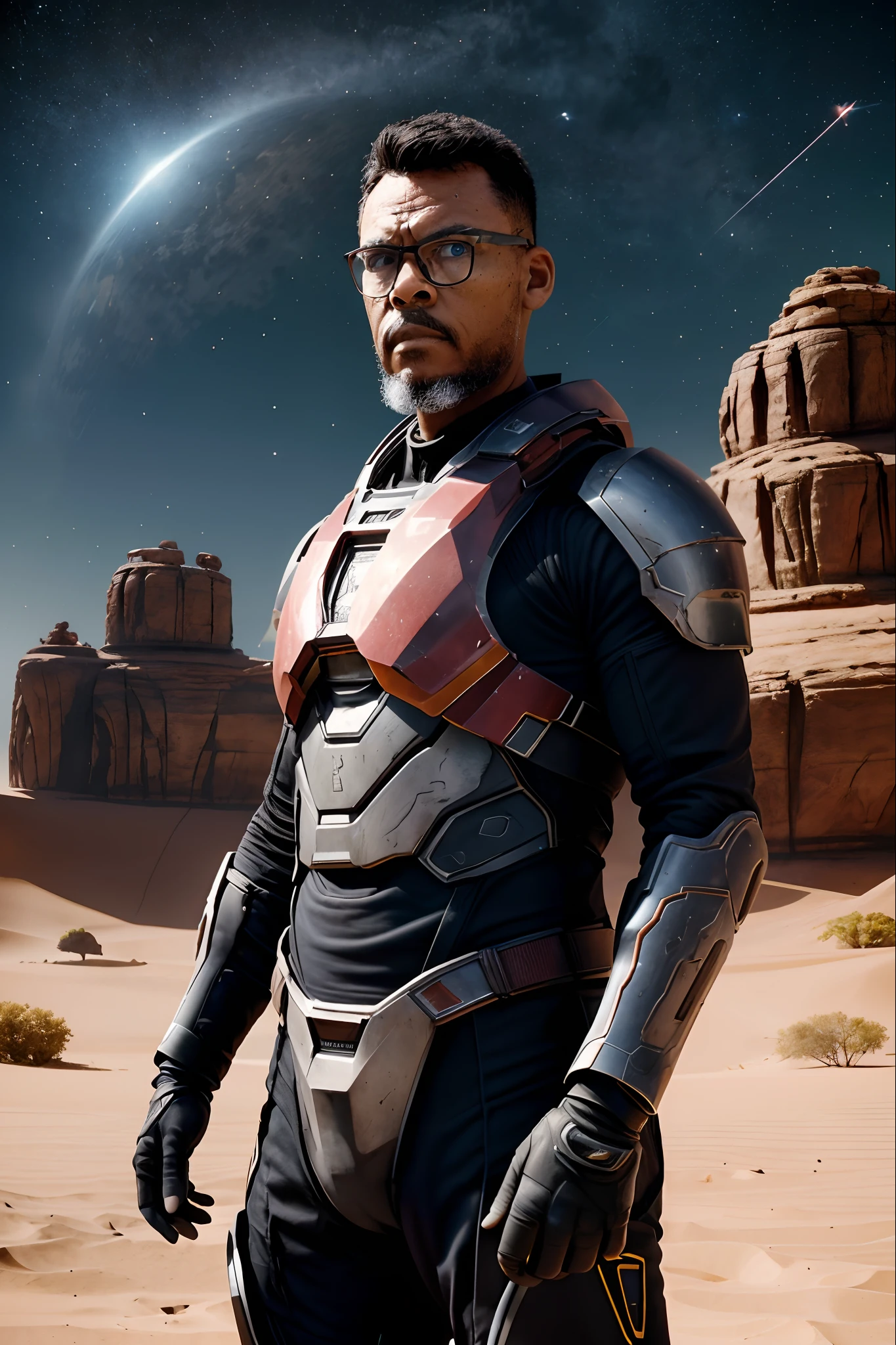 guttoepic2, Create a magazine cover illustration of a bespectacled man wearing the armor of the 'Halo' video game character, without the helmet. He poses for the photograph while holding his laser weapon. The scene is set in the Martian desert, bathed in a reddish hue, with a significant depth of field. Generate a prompt for an ultra-realistic image with extreme character details.