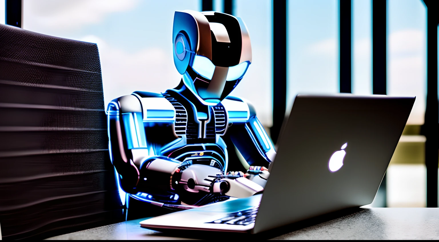 Generate an image of a futuristic robot coming out of the laptop