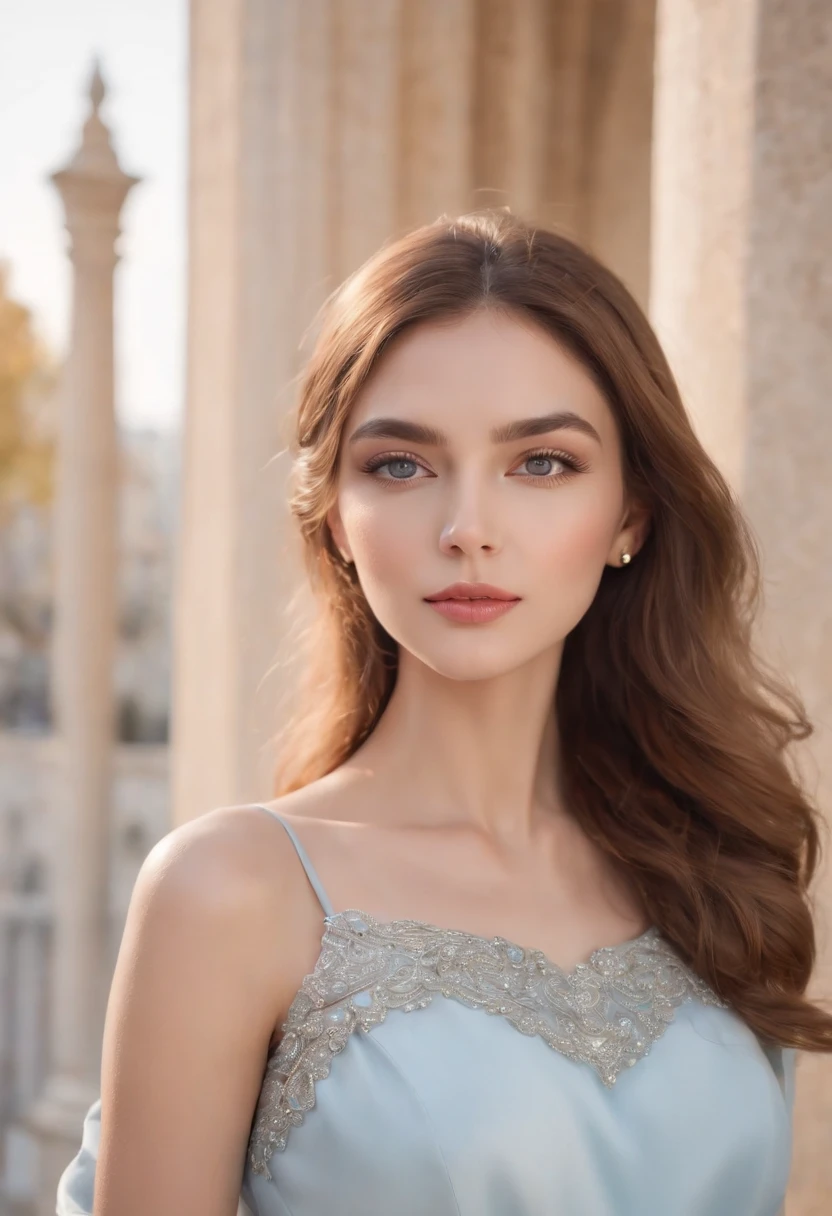 (best quality,4k,8k,highres,masterpiece:1.2),ultra-detailed,(realistic,photorealistic,photo-realistic:1.37),the best Libra woman,light blue,gray,hyperrealism,Instagram photo for a blog,portrait,beautiful detailed eyes,beautiful detailed lips,extremely detailed eyes and face,perfect symmetry,shiny long hair,gold jewelry on her neck,gold bracelet on her wrist,exquisite makeup,natural-looking blush,perfectly shaped eyebrows,flawless complexion,golden scales floating around her,soft and ethereal lighting,gentle and dreamy atmosphere,a subtle smile playing on her lips,confident and elegant pose,a blurry background featuring a luxurious cityscape,leaning against a marble pillar,stylish and fashionable outfit,fashionable handbag,comfortable high heels,supermodel figure,enchanting and mesmerizing gaze,vivid and mesmerizing colors,sun-kissed skin,glowing and radiant,effortless beauty.