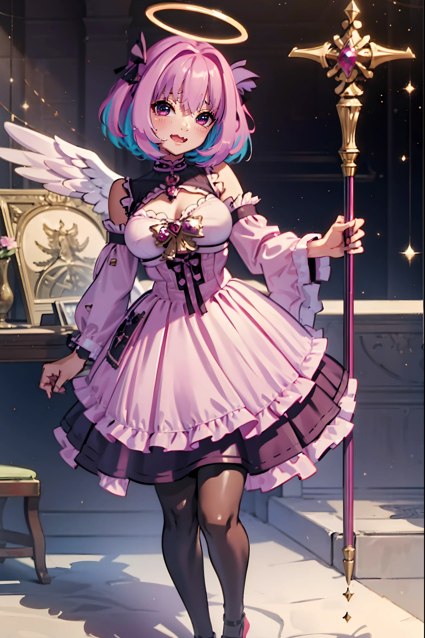 (best quality,masterpiece:1.2),intricate details,beautiful detailed eyes,beautiful detailed lips,extremely detailed eyes and face,longeyelashes,riamu, modeseven,super curvy,comic style,vibrant colors,standing,innocent, full body, standing, smile, princess dress, noble clothing, holy angel magicalgirl, open mouth fang, holy haura, halo, smile, joyfull, paladin, staff holding