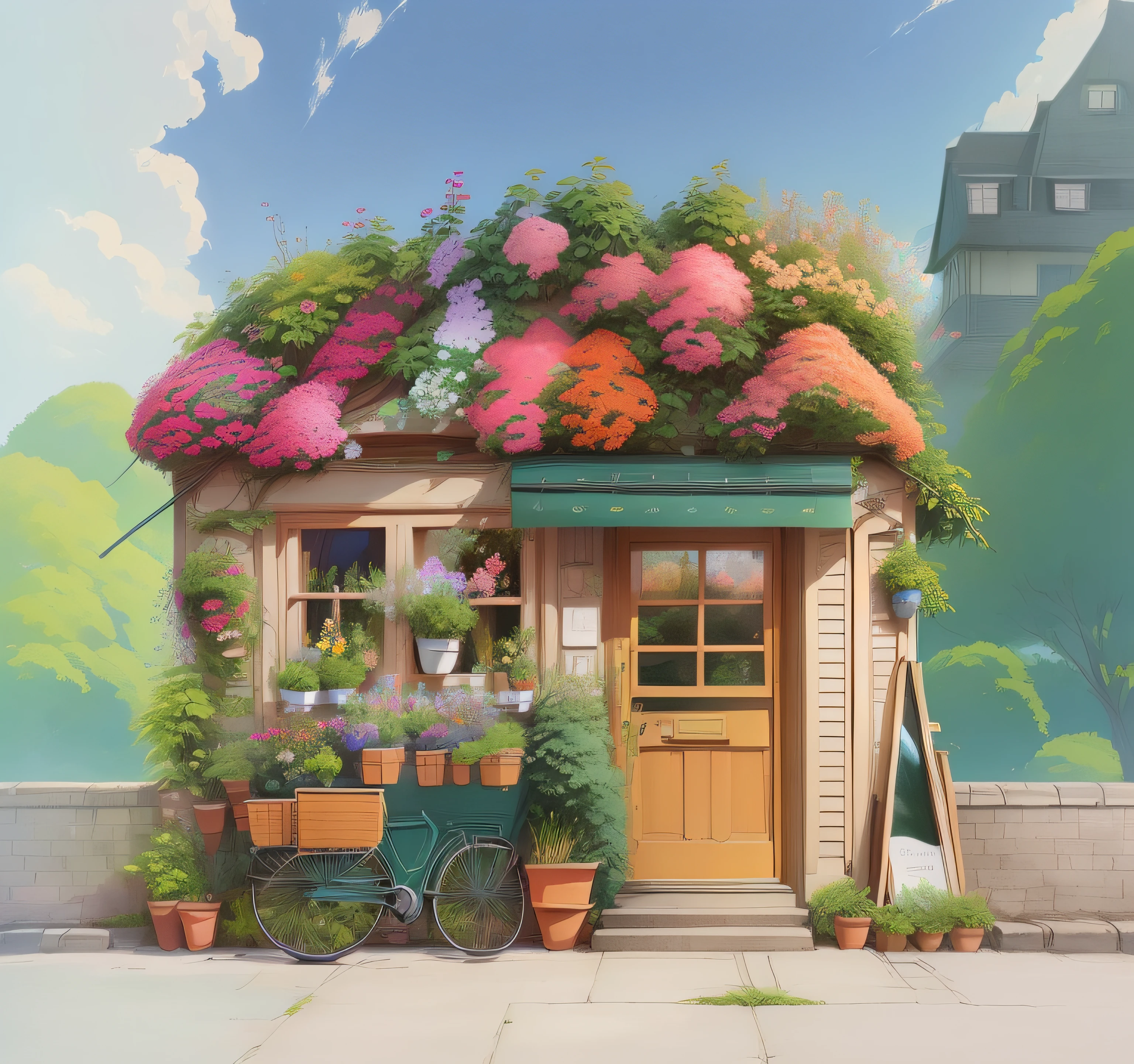 There are paintings of a flower shop with many flowers on the roof, flower shop scene, ghibli studio art, studio ghibli smooth concept art, Studio Ghibli concept art, In Studio Ghibli style, Ghibli Studio Environment, In Studio Ghibli style, studio ghibli artstyle, flowery cottage, author：Kim Hwan-ki, studio ghibli artstyle, in gouache detailed paintings，Q version building,quadratic element,Pure flat wind，