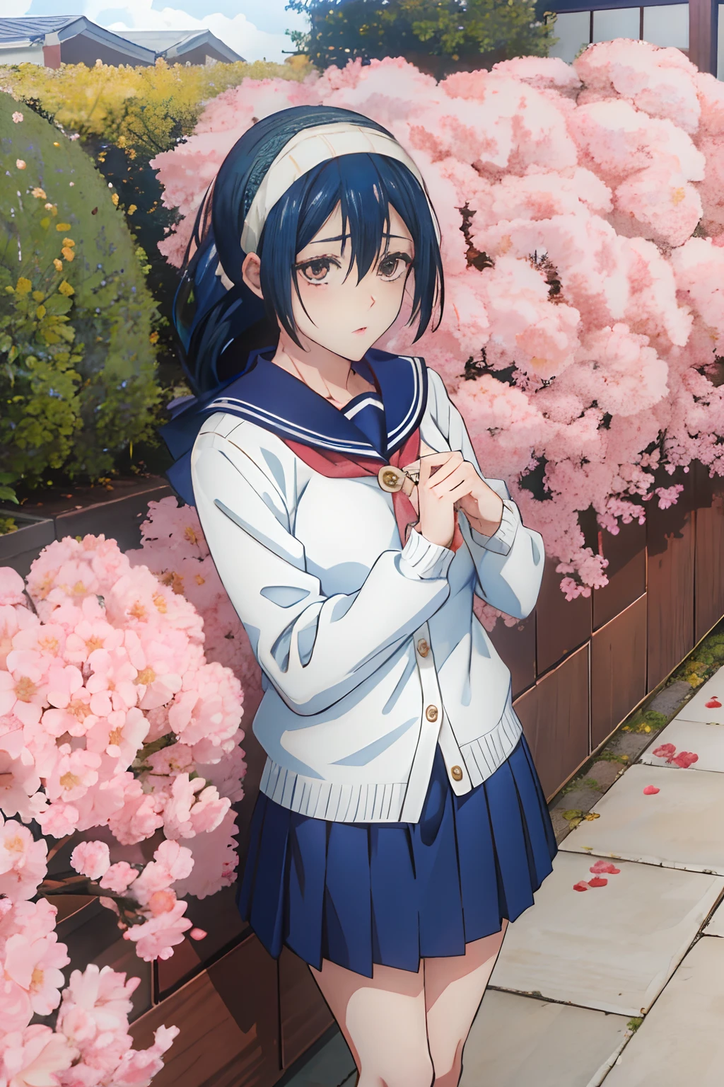 (masutepiece),(Masturbation)、(Best Quality), (Amanay riko(Jujutsu Kaisen)19:1)Very complex, Black hair with crisp details, winter uniform, Cardigan, Dark blue skirt, knee high, serafuku, , blush, embarrassed, appointment, Chocolate Package, Valentine, garden, Sakura, Standing, flower petals,