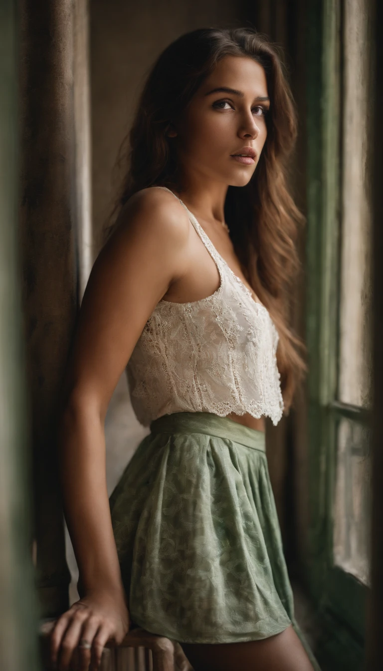 A pretty lady, long hair, half bang, in ivory color crop shirt and wide long green sheer skirt standing with inviting pose. Dimlight, shadow play and dynamic angle expose her body figure 