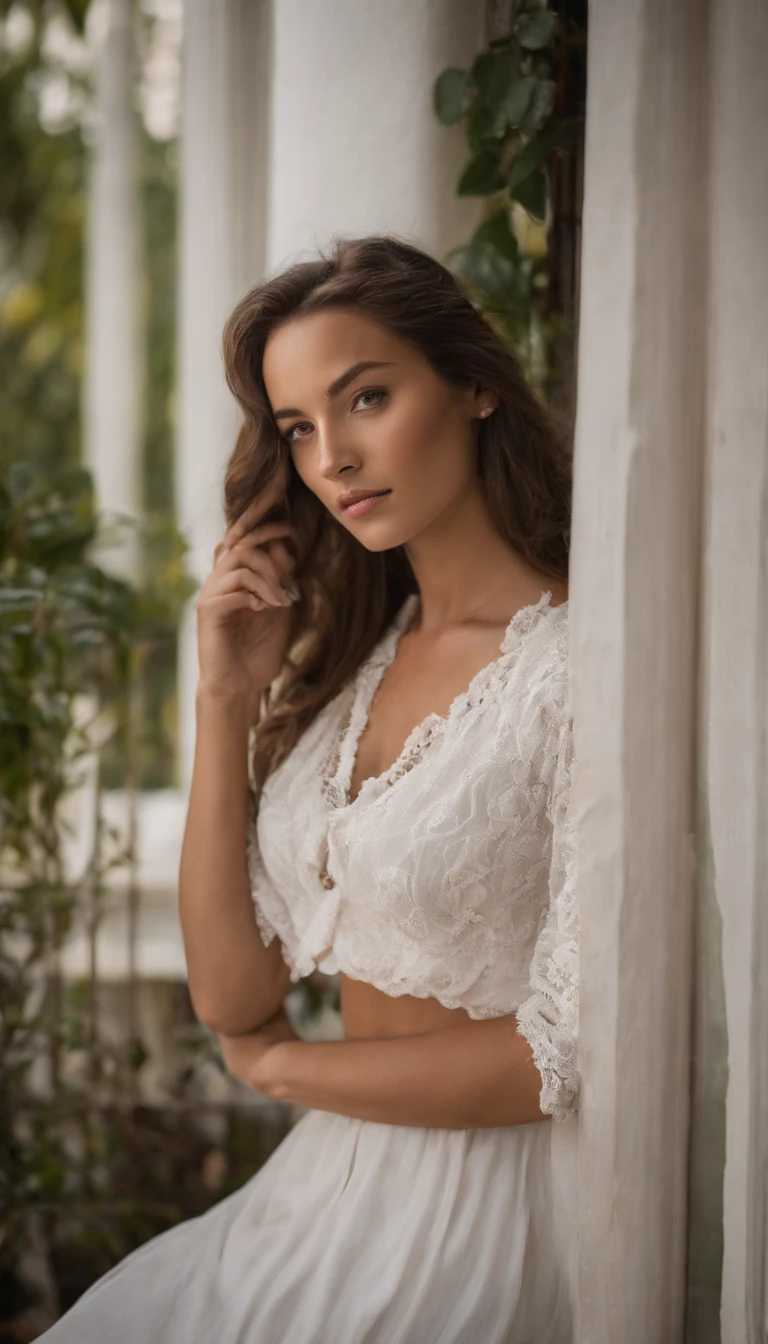 Arafed woman in white top and green skirt looking out of a window, photo of a beautiful woman, magnifique jeune mannequin, Une belle jeune femme, belle jeune femme, jeune belle femme, Very beautiful young woman, leaning against window, side profile size up portrait, portrait of a beautiful model, beautiful female model, Mignonne jeune femme, Portrait Sophie Mudd, gros seins