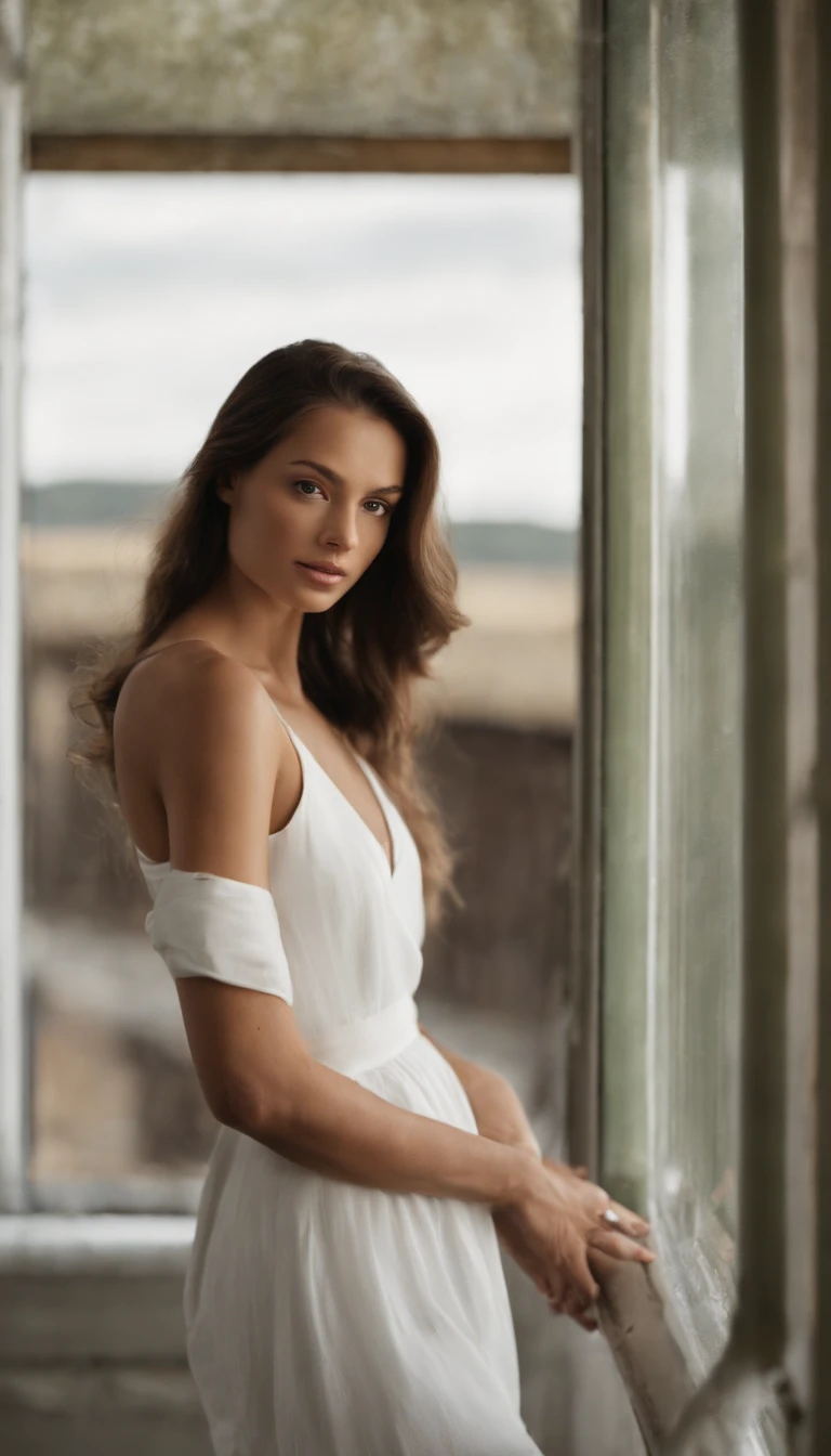 Arafed woman in white top and green skirt looking out of a window, photo of a beautiful woman, magnifique jeune mannequin, Une belle jeune femme, belle jeune femme, jeune belle femme, Very beautiful young woman, leaning against window, side profile size up portrait, portrait of a beautiful model, beautiful female model, Mignonne jeune femme, Portrait Sophie Mudd, gros seins