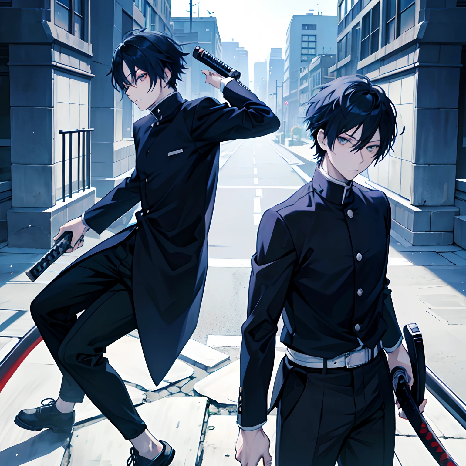 A Introverted Anime Main Character Like okkotsu Yuta from jujutsu kaisen with bluish black hair and a katana