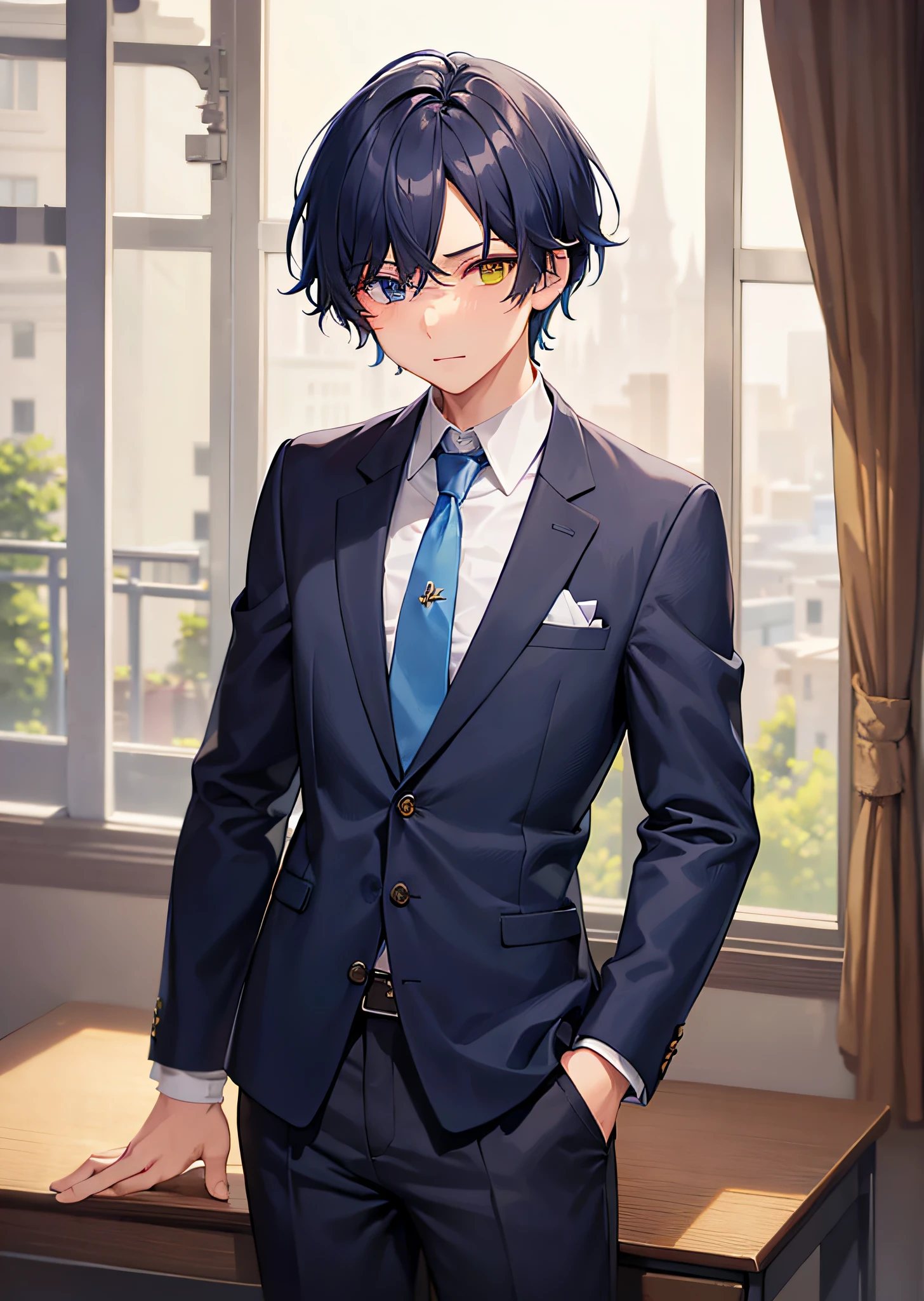 masterpiece, best quality, high quality, 1boy, solo, male focus, , school uniform, (blue tie:1.2),((Heterochromia)), (yellow left eye:1.1), blach hair, middle hair, hair over one eye, looking at viewer,