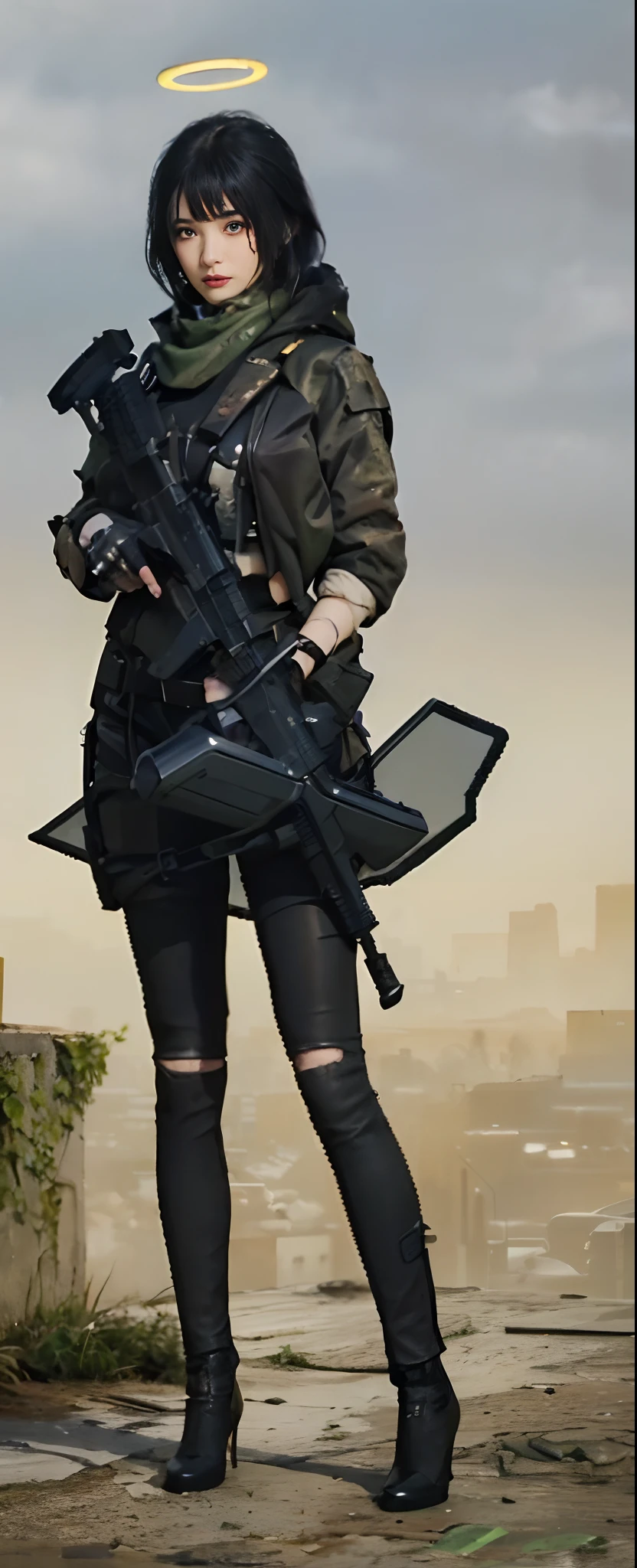 best quality, highres, textured skin, 8k, Anatomically correct, masterpiece:1.2, photo-realistic:1.2, super realistic details, Realistic proportions, extremely detailed face, round face, solid circle eyes, chubby girl, curvy:1.2, looking at viewer, (((Cyberpunk female special forces soldier:1.5, highly intricate detail cyberpunk special forces costume, special forces crest:1.3, heavy Armed girls , Armed with the cyberpunk laser rifle:1.5, modern equipment, Mechanical latex ???????? with intricate detailing:1.4, tactical vest ,military harness, magazine belt, survival knife, midriff))), Confident smile, Various stylish ponytail, ????????????????, cleavage, gleaming skin, cyberpunk dystopian city, City of the Future, 2080s, night scene, Beautiful Neon Lights, No people in the background, A scene from a movie, cinematic lighting, cinematic shadows, vibrant colors, feminine yet authoritative, attention to facial features and makeup, depth of field, Futurism,