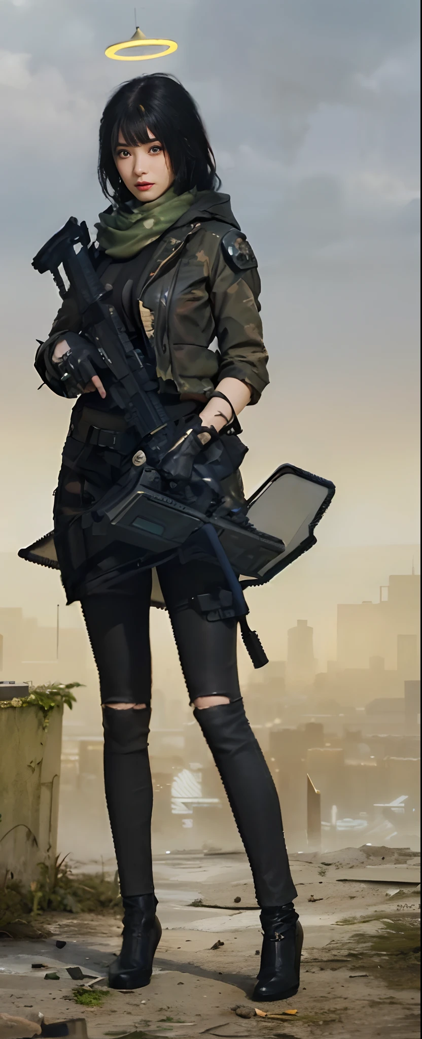 best quality, highres, textured skin, 8k, Anatomically correct, masterpiece:1.2, photo-realistic:1.2, super realistic details, Realistic proportions, extremely detailed face, round face, solid circle eyes, chubby girl, curvy:1.2, looking at viewer, (((Cyberpunk female special forces soldier:1.5, highly intricate detail cyberpunk special forces costume, special forces crest:1.3, heavy Armed girls , Armed with the cyberpunk laser rifle:1.5, modern equipment, Mechanical latex bodysuit with intricate detailing:1.4, tactical vest ,military harness, magazine belt, survival knife, midriff))), Confident smile, Various stylish ponytail, gigantic breasts, cleavage, gleaming skin, cyberpunk dystopian city, City of the Future, 2080s, night scene, Beautiful Neon Lights, No people in the background, A scene from a movie, cinematic lighting, cinematic shadows, vibrant colors, feminine yet authoritative, attention to facial features and makeup, depth of field, Futurism,