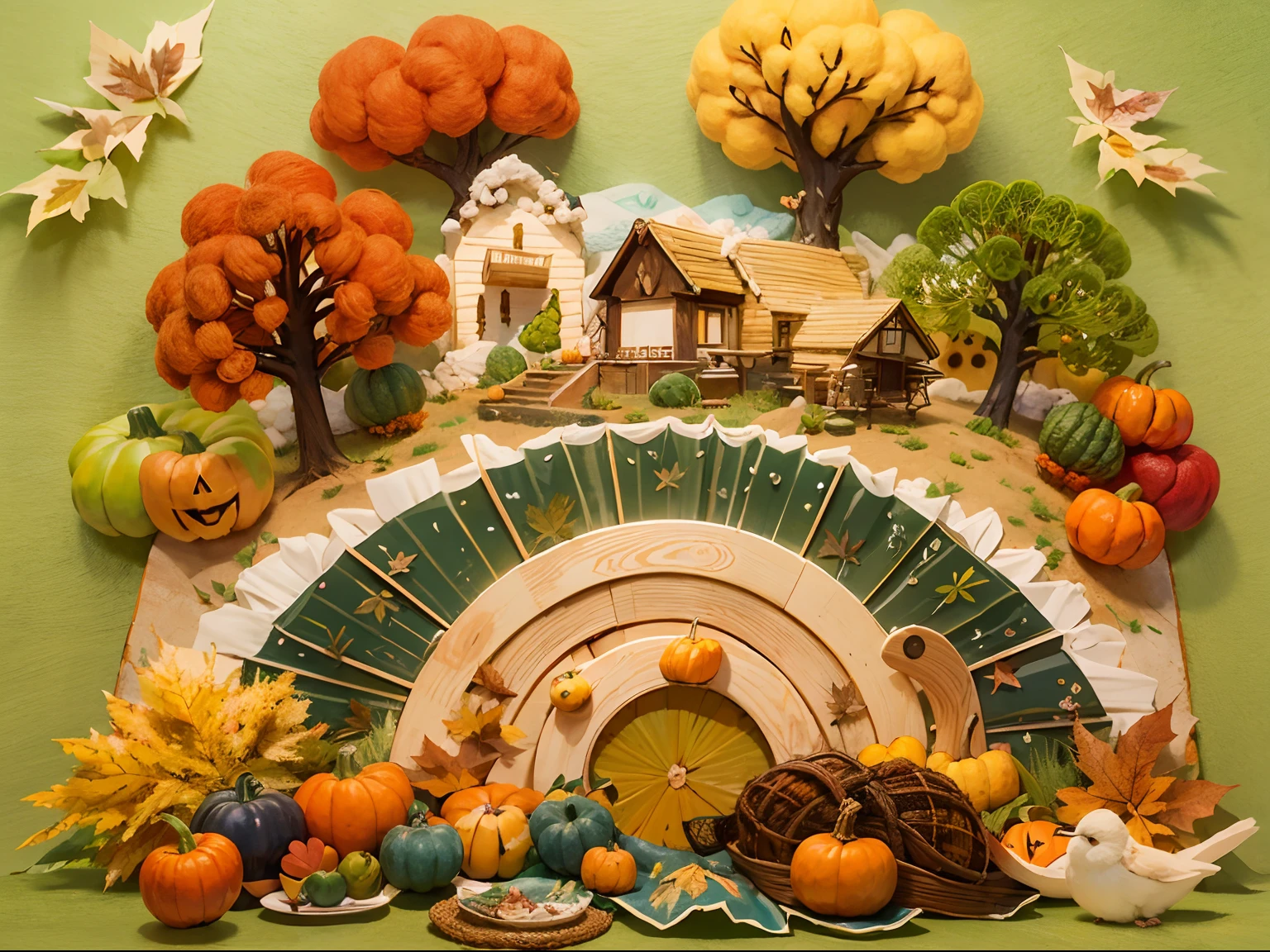 (Thanksgiving landscape depiction, pumpkins,Maple leaves,Lodge,The beauty of the autumn harvest,The cute world of felt:1.4),(Chinese illustration:1.3,wool felt art:1.3,wool felt:1.2),(reasonable design,Clear lines,High clarity,The best quality,The is very detailed,tmasterpiece,movie light effect,4K)