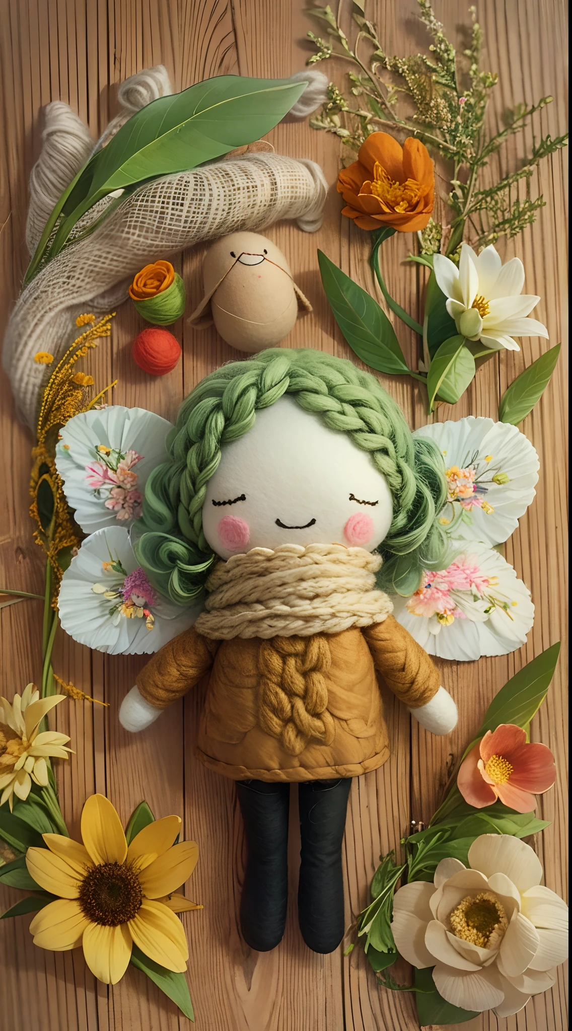 A wool felt doll surrounded by various flowers,Dolls have real faces,The clothes and hair are made of wool felt。a warm color palette,