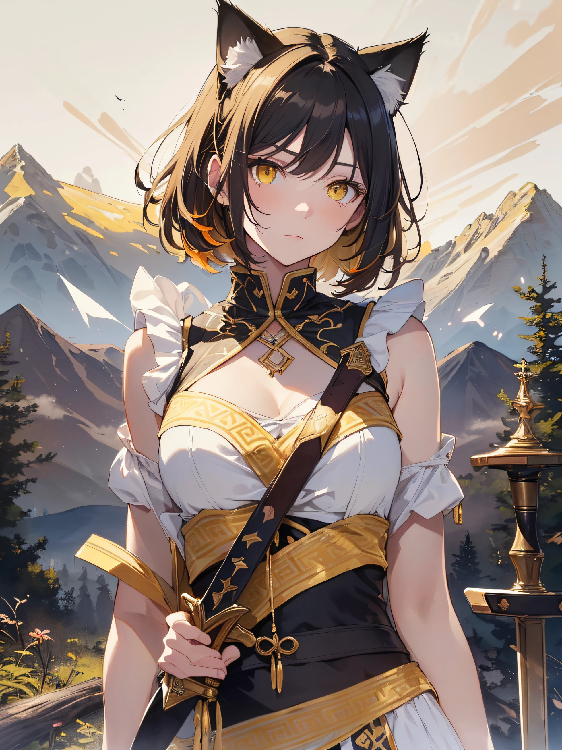 Beautiful detailed girl, Clear and beautiful, Character as the main point of view, radiant skin, girls, femele, young, 20yo, bobbed hair, Short Cut, short-hair, Beautiful detail glass hair, ((Wielding a big sword, Combat Posture)) ((Greek costumes, 2 costume colors, White background, Yellow pattern)) ((Clothes color white background, Yellow pattern)) ((Doubles color, white, yellow)) ((Use only two colors of clothing, white, yellow)) Beautiful details, cold face, cold expression, beautiful-detailed eyes, Orange eyes, Moderate chest, Orange Eyes, Full-fledged skin texture, Very good 8KCG wallpapers, very fine 8K CG wallpaper, watercolor (medium), female warrior, Dark yellow hair, (((Full-body cut))), (((Cat's ears dark yellow))), Long knives, Big knife, Traditional sword, Wielding, Attacking Posture, Levitation, (((s whole body))), Show your whole body, (((dark, Dark Night, Deep Night))) (((Natural Background, mountains, wood))), ((plein air))