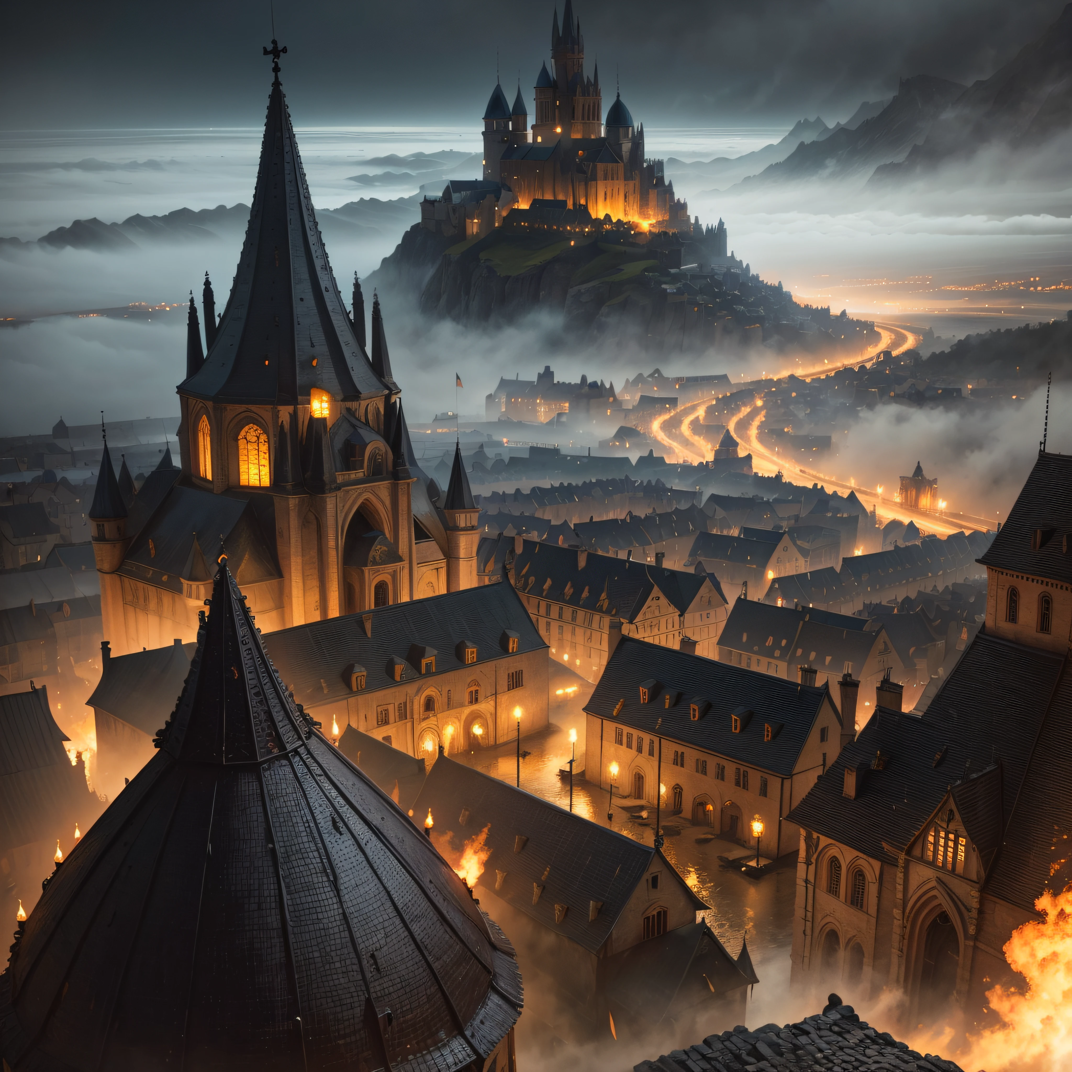 medieval city, dark, battle, epic, war, surrealism, 8k, super detail, war, battle, darkness, rain, night, fighting, torches, war, conflict, medieval city, landscape