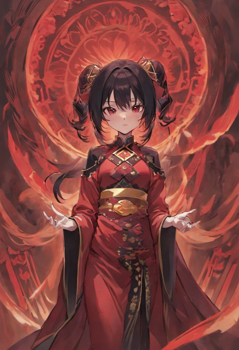 Appearance: Hu Tao is a young woman with a petite and slender figure. She often wears traditional attire inspired by the clothing of the Wangsheng Funeral Parlor, which includes a black and red color scheme.
Hair: She has long, flowing, and dark purplish-black hair with twin tails that typically falls loosely down her back.
Eyes: Her eyes are a striking shade of crimson red, which gives her a somewhat eerie and otherworldly appearance.
Face: Hu Tao's face has a youthful, mischievous, and playful expression, reflecting her personality. Age : 20. height : 151cm. NSFW