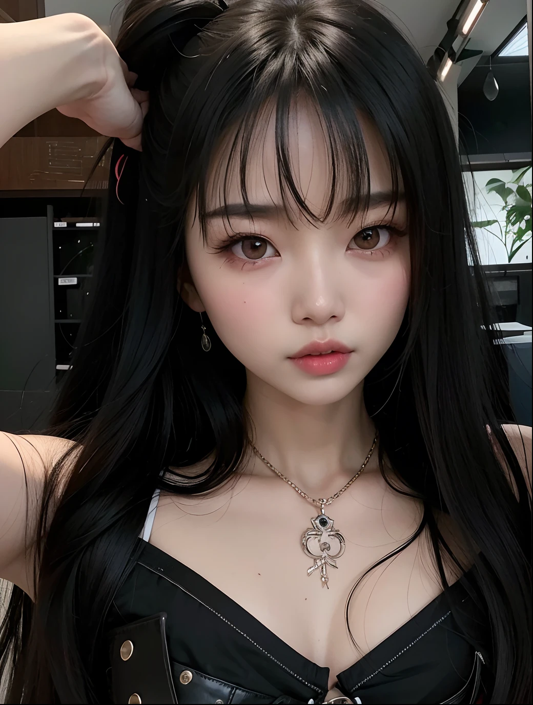 Asian woman araffed with long black hair wearing a black corset, cruel korean goth girl, Ela tem cabelo preto com franja, com cabelos longos e olhos penetrantes, coreana, Lalisa Manobal, Ulzzang, Deusa japonesa, Xision Wu, Mulher sul-coreana bonita, Asian girl, kanliu666, Jaeyeon Nam, Shikami