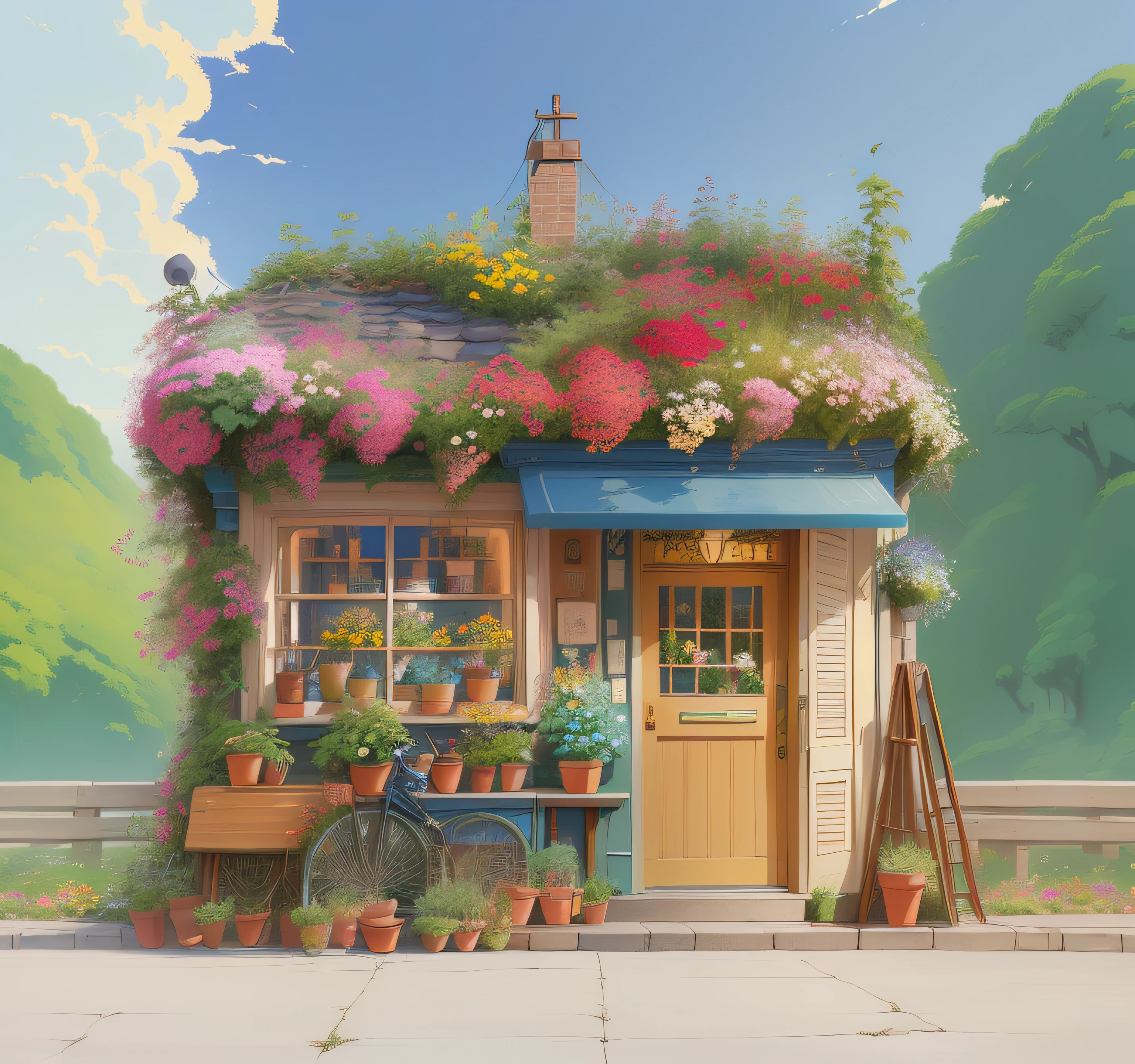 There are paintings of a flower shop with many flowers on the roof, flower shop scene, ghibli studio art, studio ghibli smooth concept art, Studio Ghibli concept art, In Studio Ghibli style, Ghibli Studio Environment, In Studio Ghibli style, studio ghibli artstyle, flowery cottage, author:Kim Hwan-ki, studio ghibli artstyle, in gouache detailed paintings,Q version building,quadratic element,Pure flat wind,