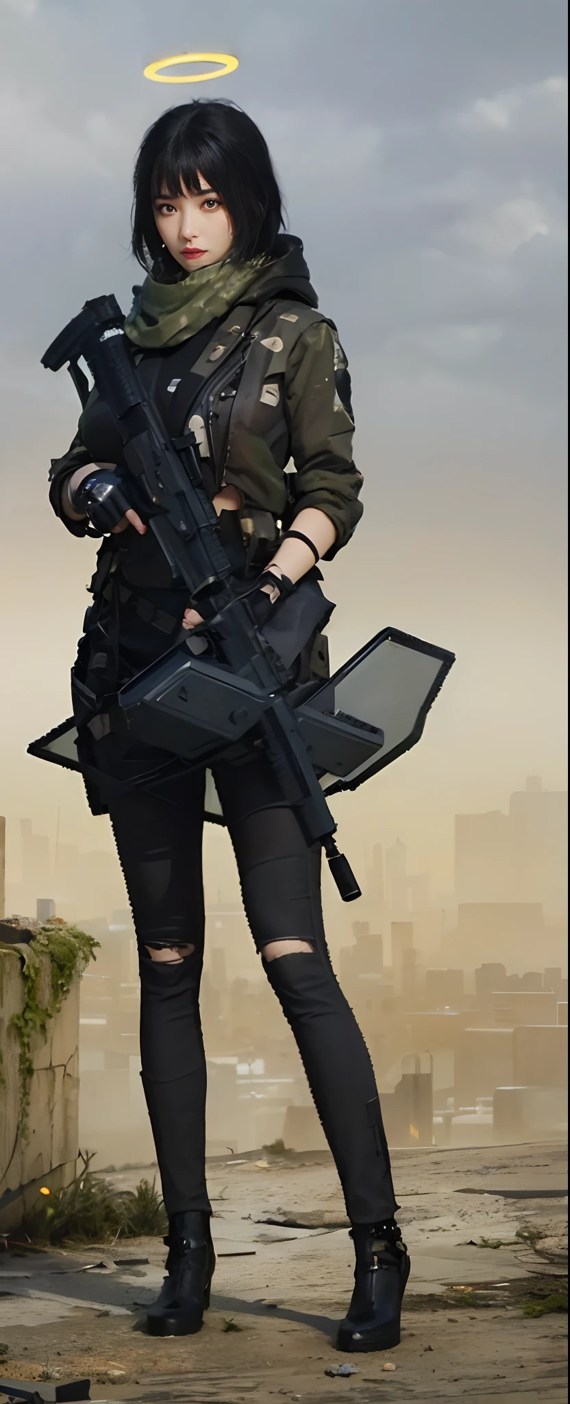 best quality, highres, textured skin, 8k, Anatomically correct, masterpiece:1.2, photo-realistic:1.2, super realistic details, Realistic proportions, extremely detailed face, round face, solid circle eyes, chubby girl, curvy:1.2, looking at viewer, (((Cyberpunk female special forces soldier:1.5, highly intricate detail cyberpunk special forces costume, special forces crest:1.3, heavy Armed girls , Armed with the cyberpunk laser rifle:1.5, modern equipment, Mechanical latex bodysuit with intricate detailing:1.4, tactical vest ,military harness, magazine belt, survival knife, midriff))), Confident smile, Various stylish ponytail, gigantic breasts, cleavage, gleaming skin, cyberpunk dystopian city, City of the Future, 2080s, night scene, Beautiful Neon Lights, No people in the background, A scene from a movie, cinematic lighting, cinematic shadows, vibrant colors, feminine yet authoritative, attention to facial features and makeup, depth of field, Futurism,unreal, Japanese doll face