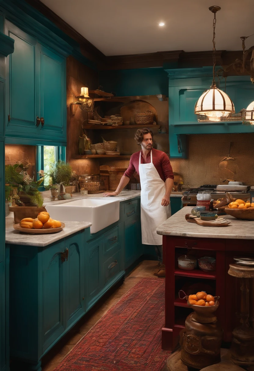 Homem Branco de cabelo castanho. The setting is in a colorful American-style kitchen