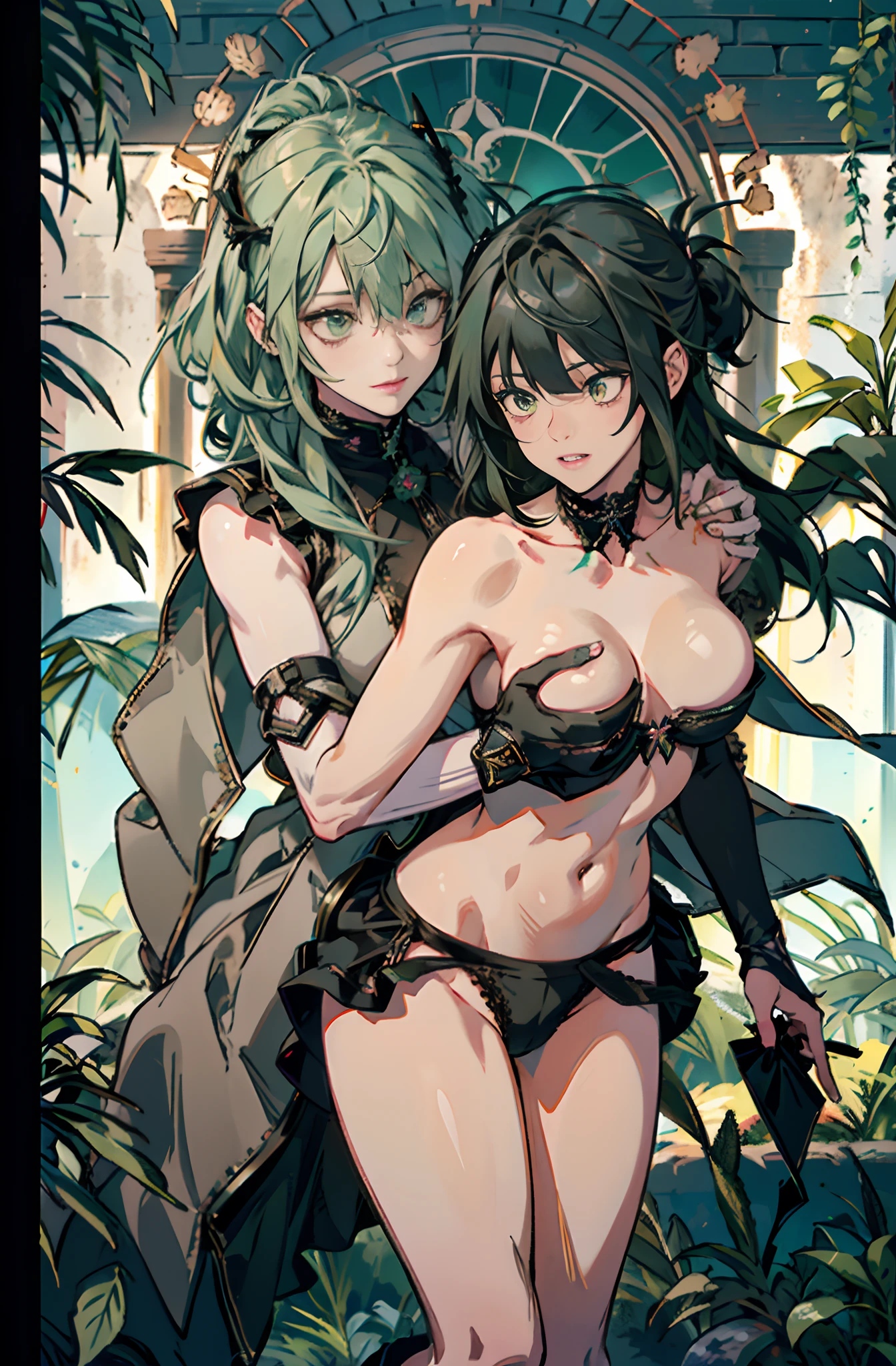 Pure sky,Plump legs,Green gem setting,Anime girl standing gracefully on the ground,Black cape and green hair, rogue anime girl, Anime girl standing, Wearing a cloak on the blasted plain, asuka suit under clothes!, Cyborg girl, badass posture, mechanic punk outfit, anime styled 3d, render of a cute 3d anime girl, gapmoe yandere grimdark, Female character,musculature,Abs,Glowing green eyes,Black hair with green gradient,extra very long hair,Bunched hair,Dull hair,(Muscle 2.0),Tomboyish,Be red in the face,looking at viewert,Elaborate Eyes,huge ,1.5,sle,Openwork black silk,Straight big brpy,Black cutout miniskirt,White bandeau,High-fork panties,ToothlessLower breast,Mechanical wind,Tre no cities,Side breasts,Excitation,Top crotch,wer abdomen,Camel toes,Sexy unarms,See panties,li the chest,ging from behind,Loach other,Kissing each other