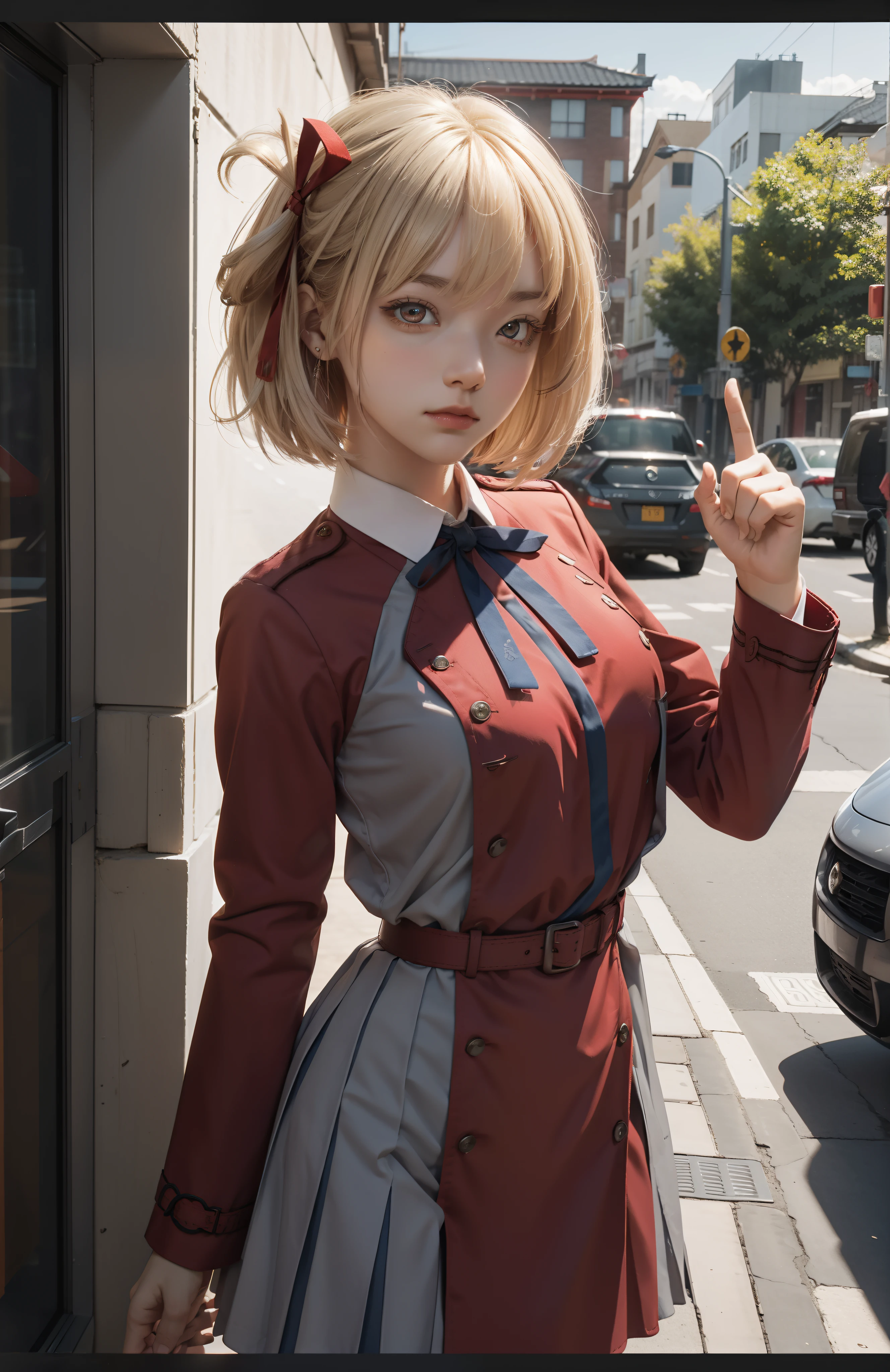 chisatonishikigi, nishikigi chisato, short hair, bangs, blonde hair, (red eyes:1.5), hair ribbon, one side up, bob cut,
BREAK shirt, long sleeves, dress, ribbon, white shirt, collared shirt, belt, neck ribbon, red dress, blue ribbon, pleated dress, grey dress, two-tone dress, red belt, lycoris uniform,,
BREAK outdoors, city,
BREAK looking at viewer, BREAK (masterpiece:1.2), best quality, high resolution, unity 8k wallpaper, (illustration:0.8), (beautiful detailed eyes:1.6), extremely detailed face, perfect lighting, extremely detailed CG, (perfect hands, perfect anatomy),