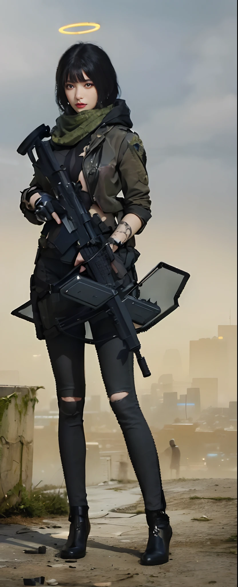 best quality, highres, textured skin, 8k, Anatomically correct, masterpiece:1.2, photo-realistic:1.2, super realistic details, Realistic proportions, extremely detailed face, round face, solid circle eyes, chubby girl, curvy:1.2, looking at viewer, (((Cyberpunk female special forces soldier:1.5, highly intricate detail cyberpunk special forces costume, special forces crest:1.3, heavy Armed girls , Armed with the cyberpunk laser rifle:1.5, modern equipment, Mechanical latex bodysuit with intricate detailing:1.4, tactical vest ,military harness, magazine belt, survival knife, midriff))), Confident smile, Various stylish ponytail, gigantic breasts, cleavage, gleaming skin, cyberpunk dystopian city, City of the Future, 2080s, night scene, Beautiful Neon Lights, No people in the background, A scene from a movie, cinematic lighting, cinematic shadows, vibrant colors, feminine yet authoritative, attention to facial features and makeup, depth of field, Futurism,unreal, Japanese doll face