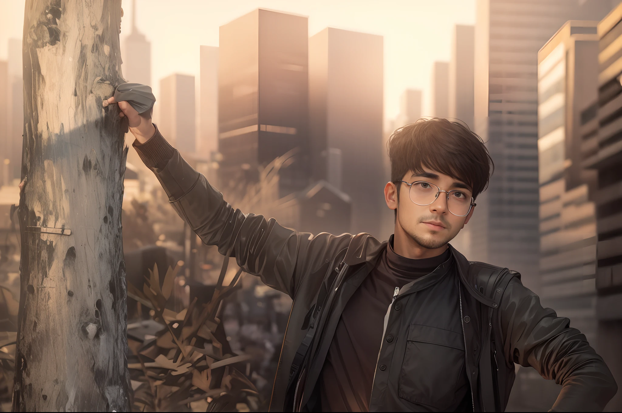 Change the background to city, a girl standing with the boy