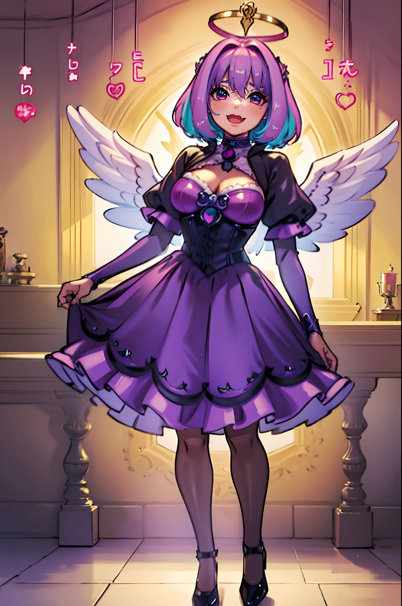 (best quality,masterpiece:1.2),intricate details,beautiful detailed eyes,beautiful detailed lips,extremely detailed eyes and face,longeyelashes,riamu, modeseven,super curvy,comic style,vibrant colors,standing,innocent, full body, standing, smile, princess dress, noble clothing, holy angel magicalgirl, open mouth fang, holy haura, halo, smile, joyfull, paladin, staff holding