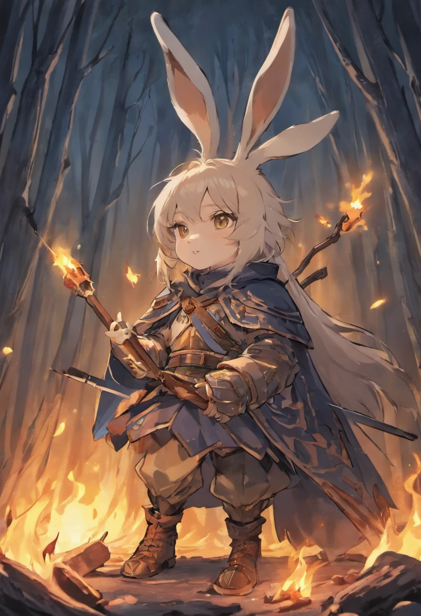 Rabbit furry cute male short stature posed sitting on a fallen log near a campfire dressed in leather armor holding a lute singing