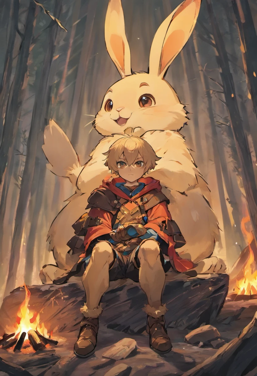 Rabbit furry cute male short stature posed sitting on a fallen log near a campfire dressed in leather armor holding a lute singing