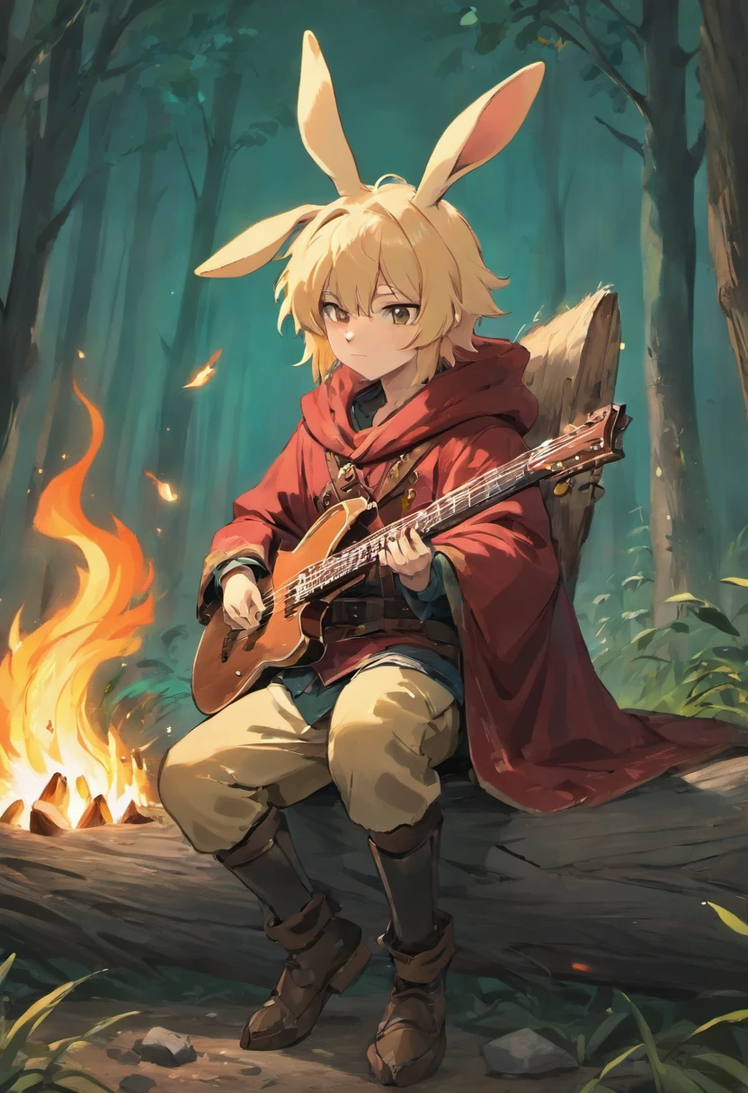 Rabbit furry cute male short stature posed sitting on a fallen log near a campfire dressed in leather armor holding a lute singing