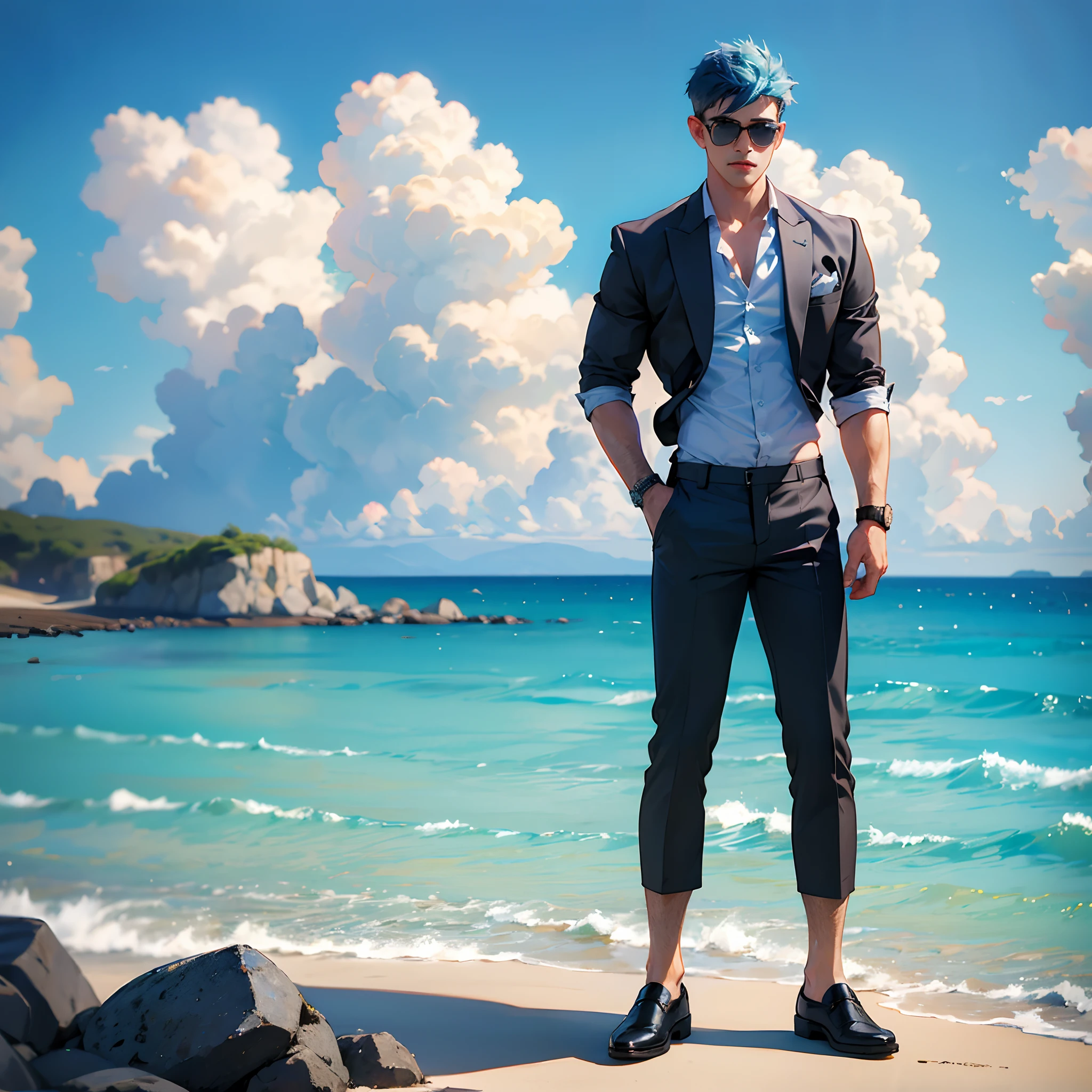 Handsome boy with juice Glass,fade haircut, sunglasses, Sea beach background, half pants,  blue hair, 8k ultra, full body, full HD