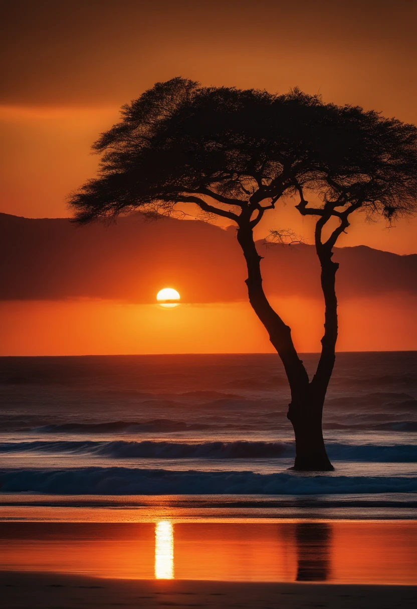 couche de soleil sur une plage africaine avec une montagne a gauche qui a son relet dans l'eau