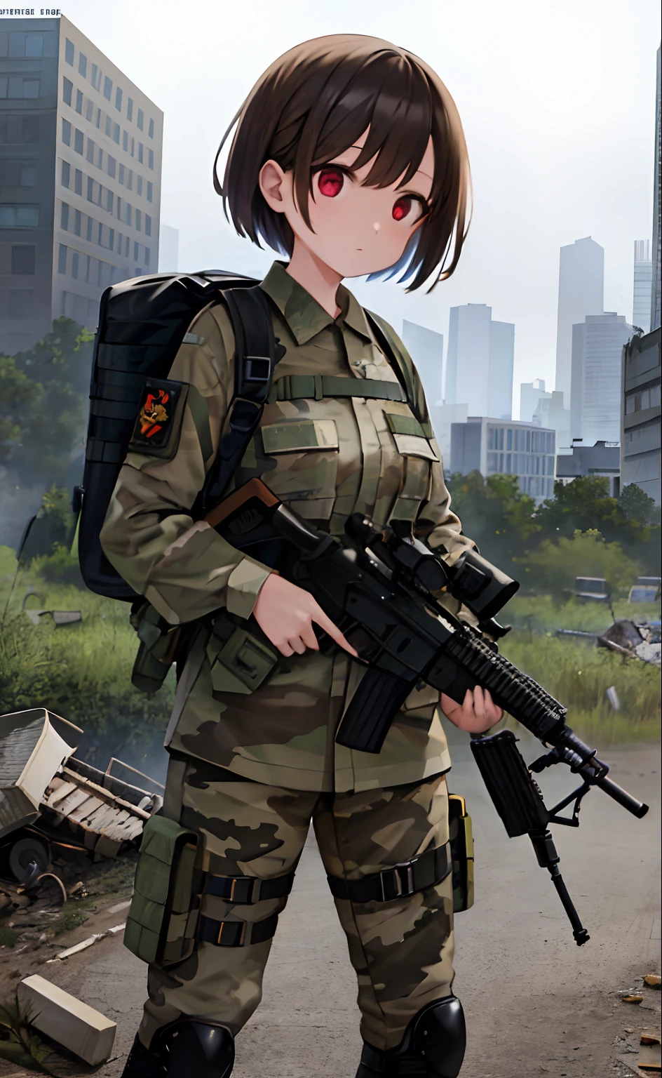 Masterpiece, best quality, ultra-detailed, illustration, wonder, 1 girl, holding assault rifle, camouflage shirt, camouflage pants, boots, post-apocalypse, zombie apocalypse, city in ruins, short hair, Red eyes, Brown hair, cover, overgrown, supplement backpack, urban landscape,