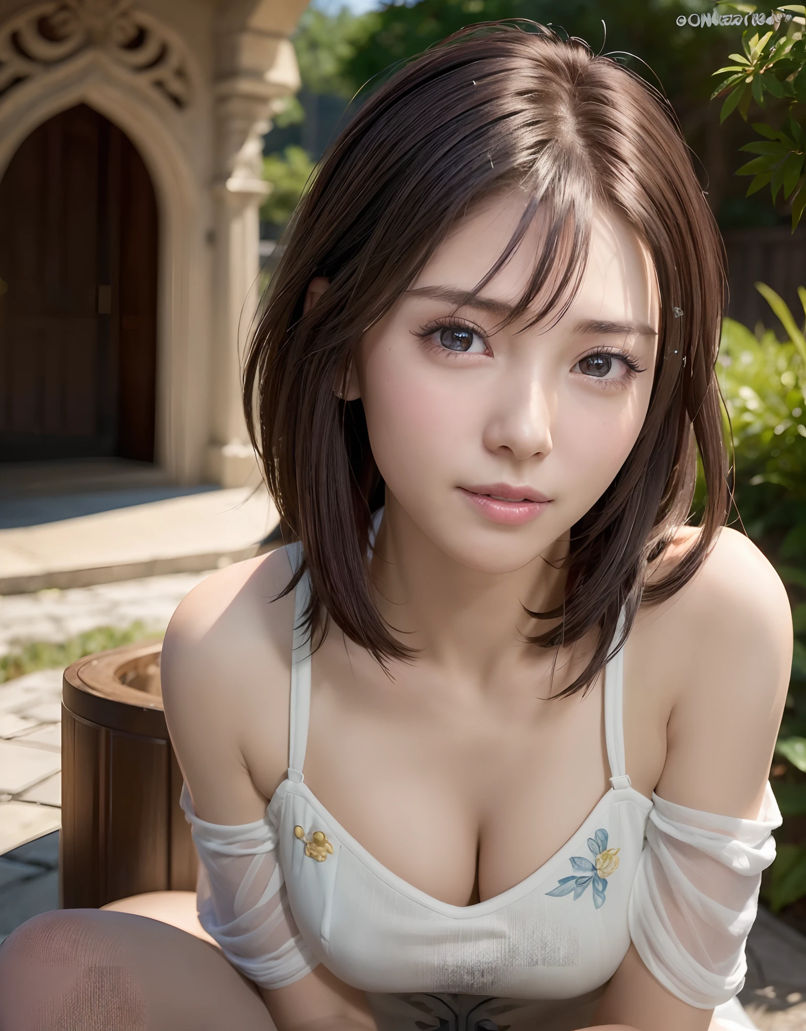 ((((masutepiece, Best Quality, High resolution)))), extremely detailed 8K, Beautiful girl with slim body, (Ultra HD, Ultra-detailed, Highly detailed, Highly realistic, Ultra-realistic, photos realistic), (1girll), short wavy hair, bob cuts, facing at camera, lightsmile, Purple eyes, (beautifull detailed face, Beautiful detailed eyes), Sweat, (rays of sunshine, Sunlight)，