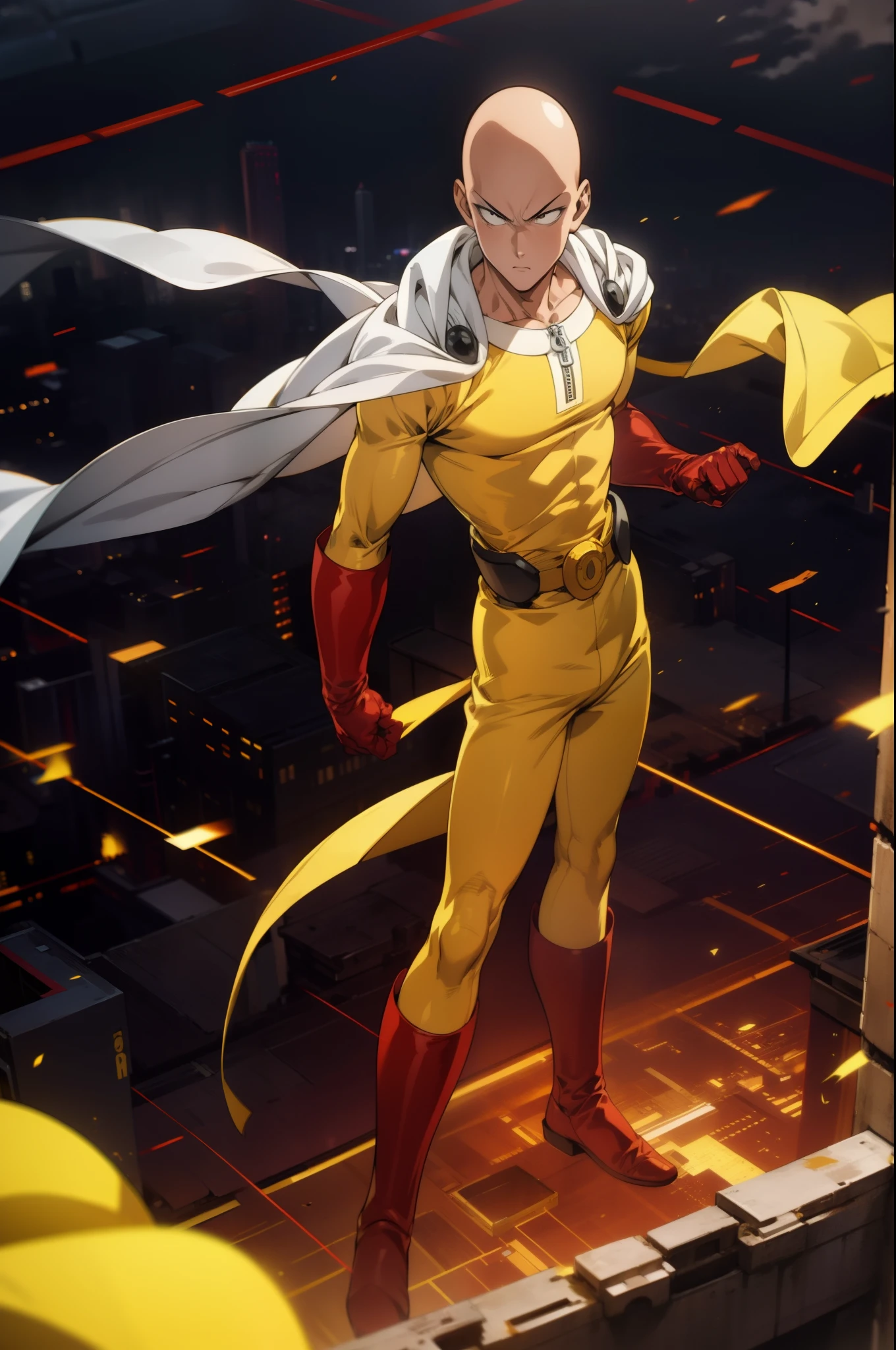 masterpiece, best quality, 1boy, (saitama), bald head, standing, yellow clothes, white cape, red gloves, aura power, night, natural light, flying above the city, electric background, angry eyes, detailed face, strong muscular, male focus, movie composition, deth of field, bokeh, (futuristic), (full body), (masterpiece), best quality, expressive eyes, perfect face,