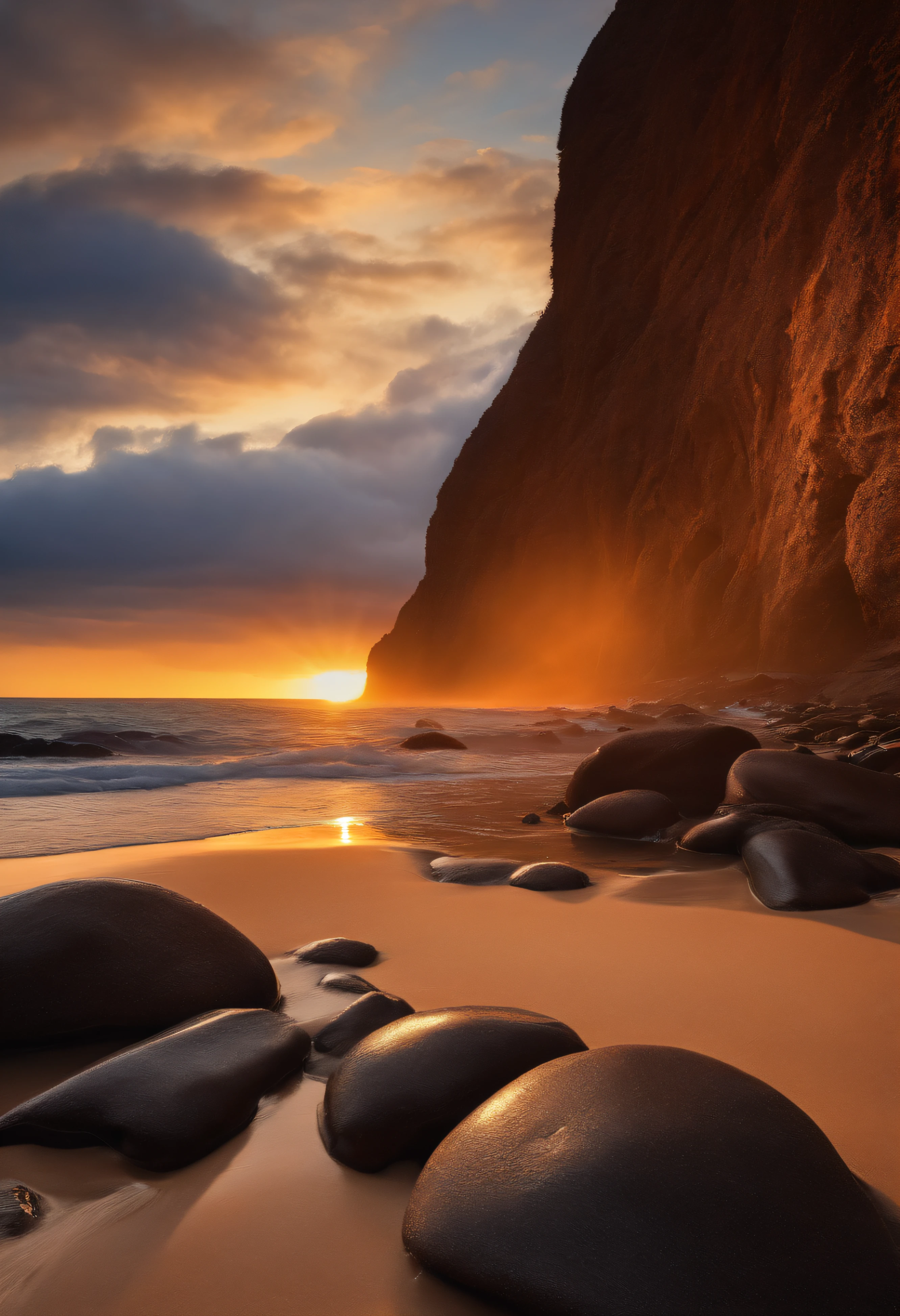 couche de soleil sur une plage africaine avec une montagne a gauche qui a son relet dans l'eau