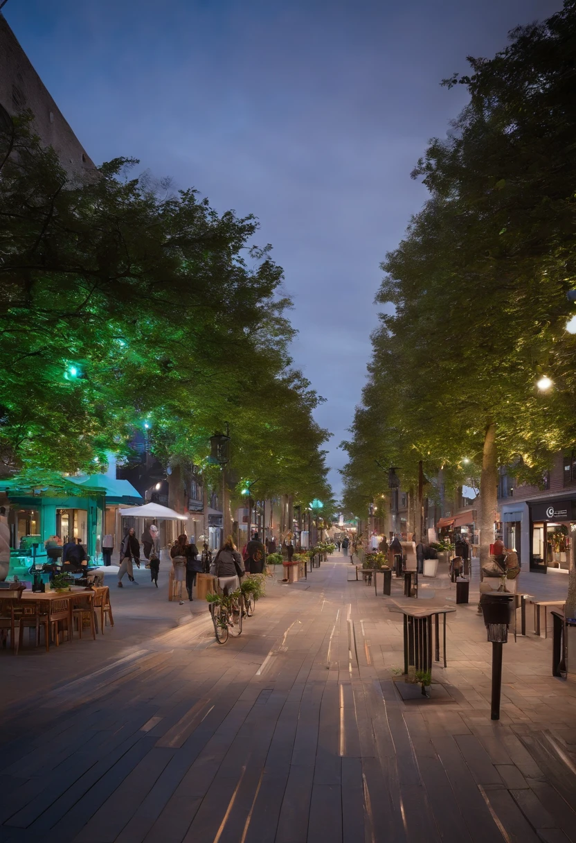 (tactical urbanism:1.1,pedestrian street,blue bike lane,various pedestrian crossings,tree planting,urban furniture,lights,vibrant colors,modern design)