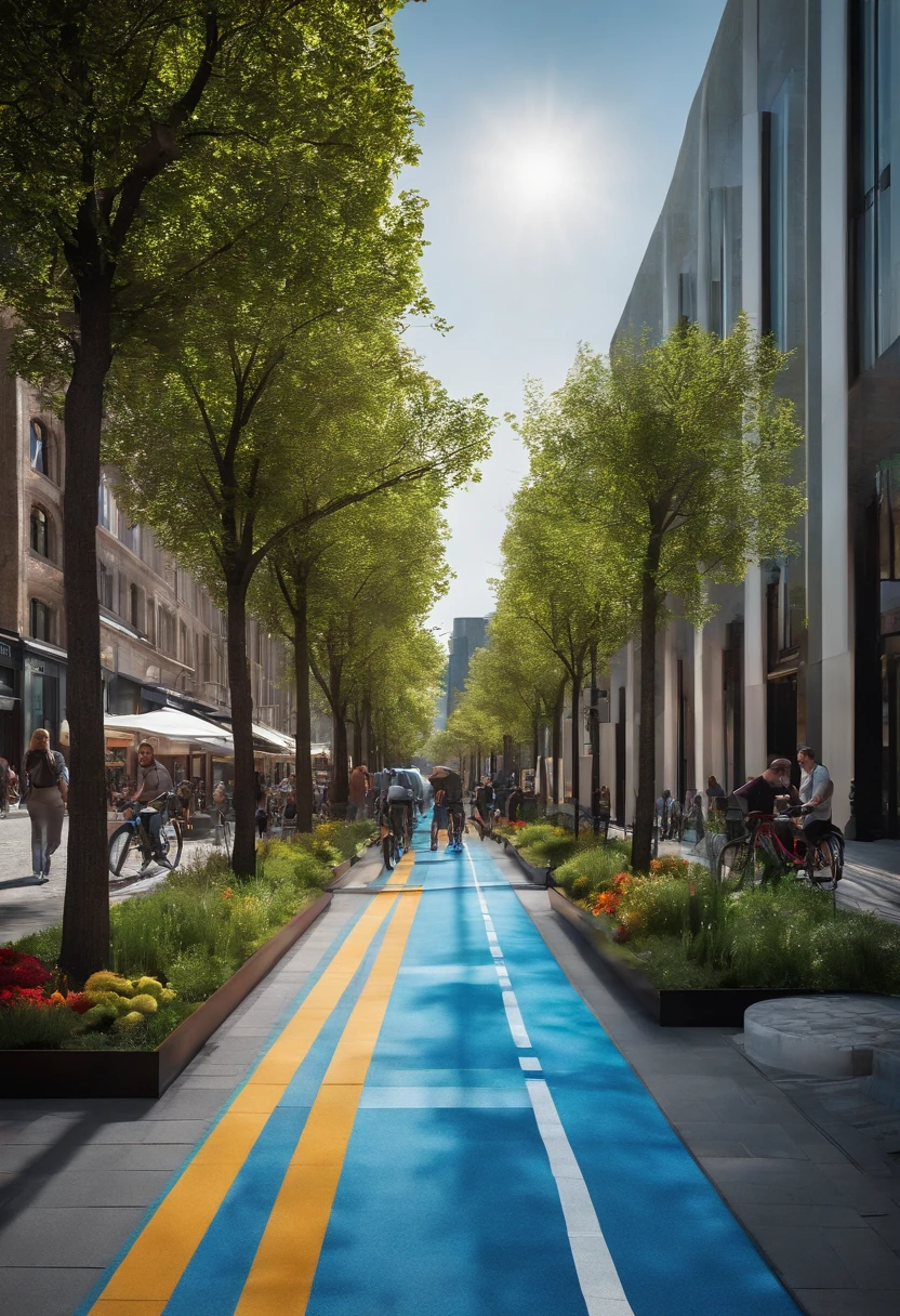 (tactical urbanism:1.1,pedestrian street,blue bike lane,various pedestrian crossings,tree planting,urban furniture,lights,vibrant colors,modern design)
