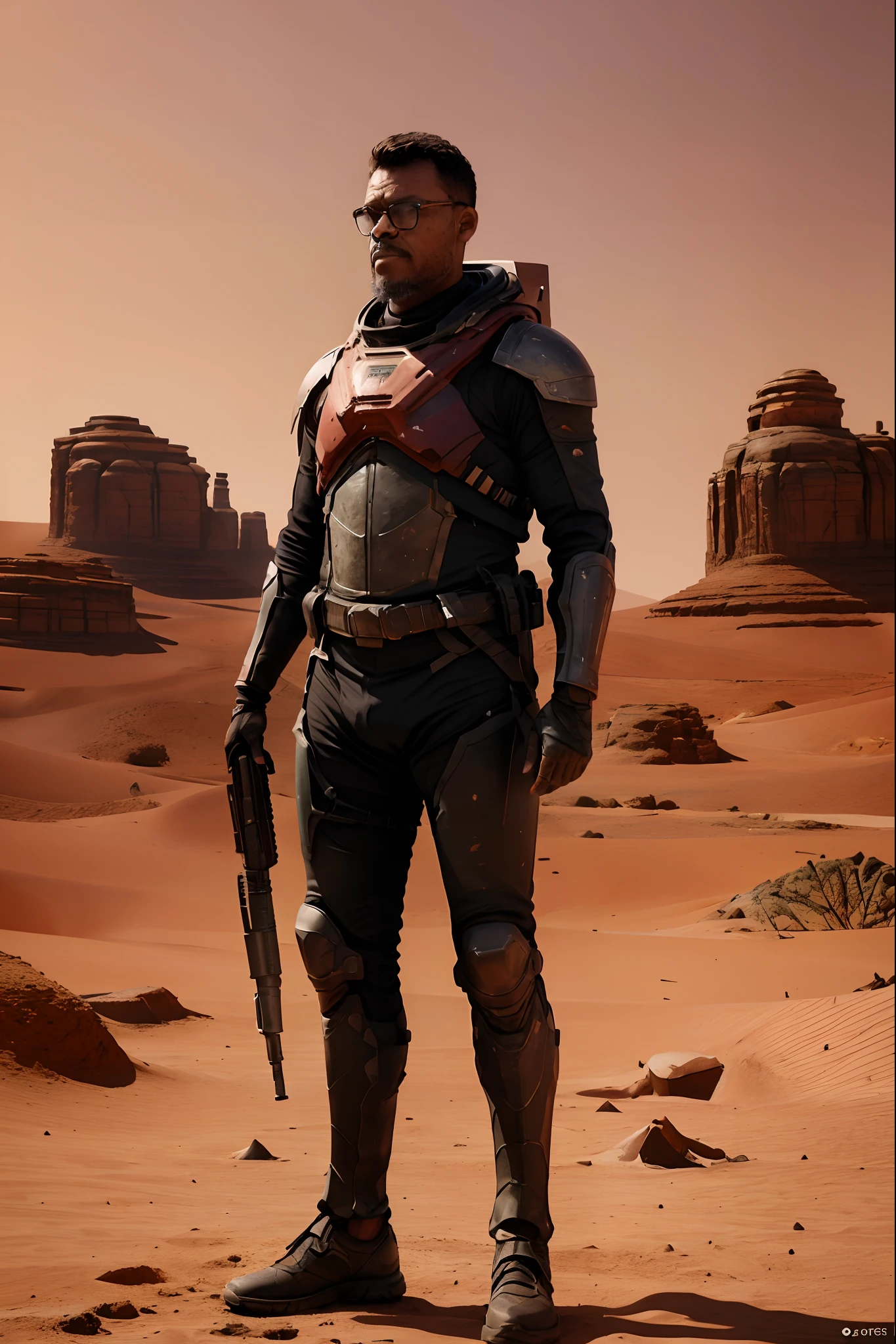 guttoepic2, Create a magazine cover illustration of a bespectacled man wearing the armor of the 'DOOM' video game character, without the helmet. He poses for the photograph while holding his laser weapon. The scene is set in the Martian desert, bathed in a reddish hue, with a significant depth of field. Generate a prompt for an ultra-realistic image with extreme character details.