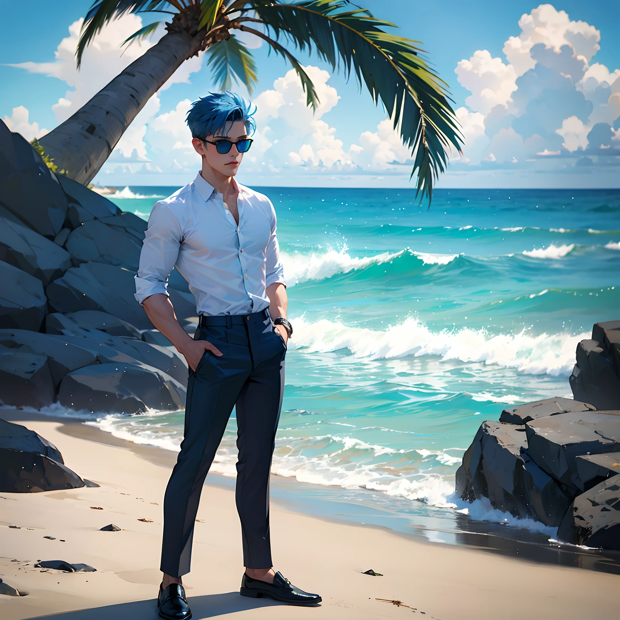 Handsome boy with juice Glass,fade haircut, sunglasses, Sea beach background, half pants,  blue hair, 8k ultra, full body, full HD