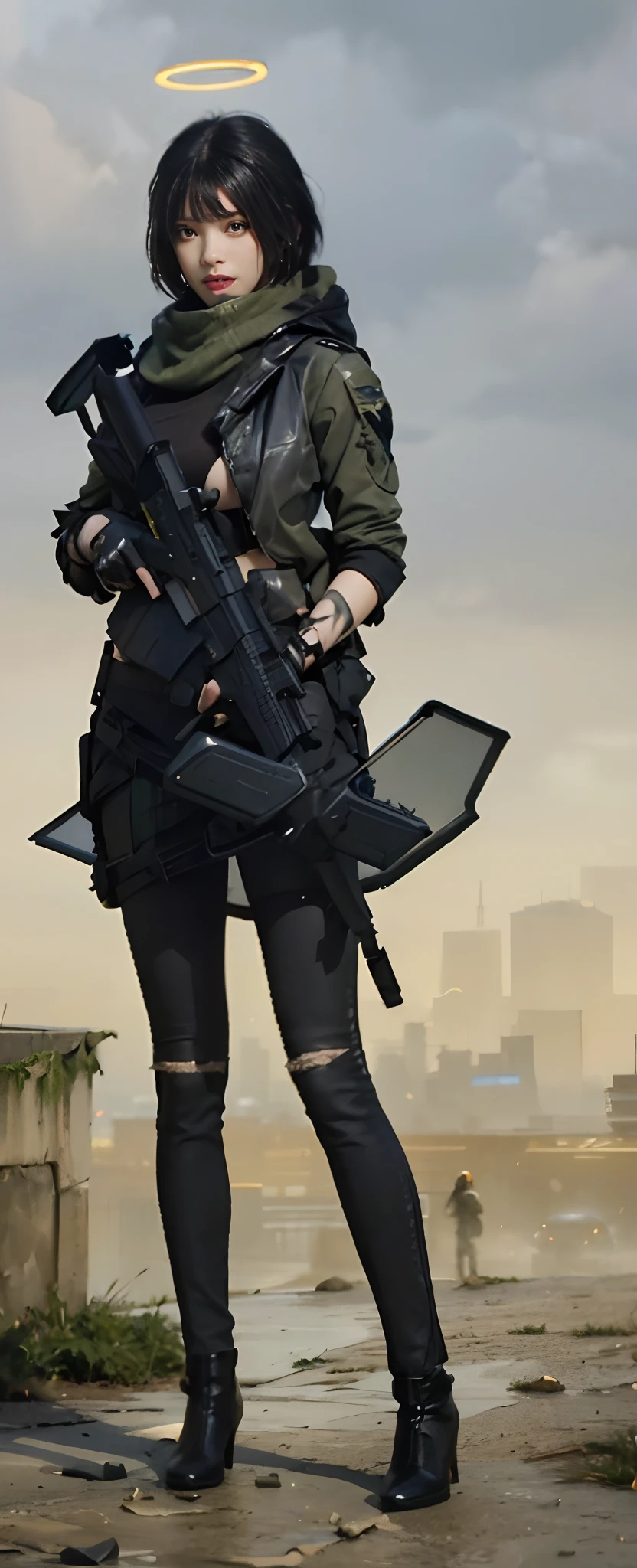best quality, highres, textured skin, 8k, Anatomically correct, masterpiece:1.2, photo-realistic:1.2, super realistic details, Realistic proportions, extremely detailed face, round face, solid circle eyes, chubby girl, curvy:1.2, looking at viewer, (((Cyberpunk female special forces soldier:1.5, highly intricate detail cyberpunk special forces costume, special forces crest:1.3, heavy Armed girls , Armed with the cyberpunk laser rifle:1.5, modern equipment, Mechanical latex bodysuit with intricate detailing:1.4, tactical vest ,military harness, magazine belt, survival knife, midriff))), Confident smile, Various stylish ponytail, gigantic breasts, cleavage, gleaming skin, cyberpunk dystopian city, City of the Future, 2080s, night scene, Beautiful Neon Lights, No people in the background, A scene from a movie, cinematic lighting, cinematic shadows, vibrant colors, feminine yet authoritative, attention to facial features and makeup, depth of field, Futurism,unreal, Japanese doll face,3d ultra hd, beautiful girl,red eye, short hair
